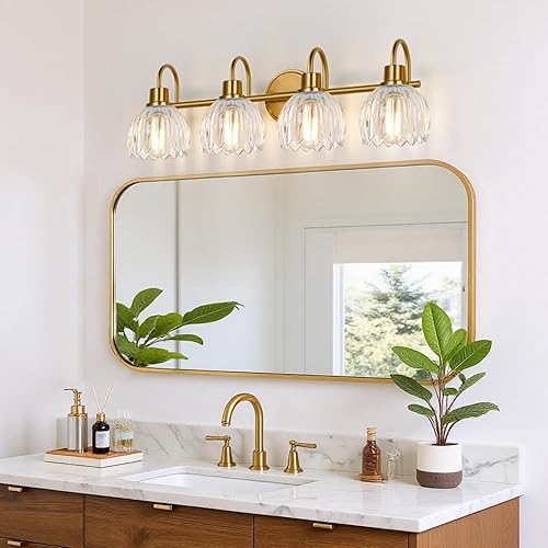 Miniatura 7 de Lámparas de baño de 4 luces, luces de tocador de 27 pulgadas de oro cepillado para baño con pantalla de tulipán transparente acanalado, accesorios