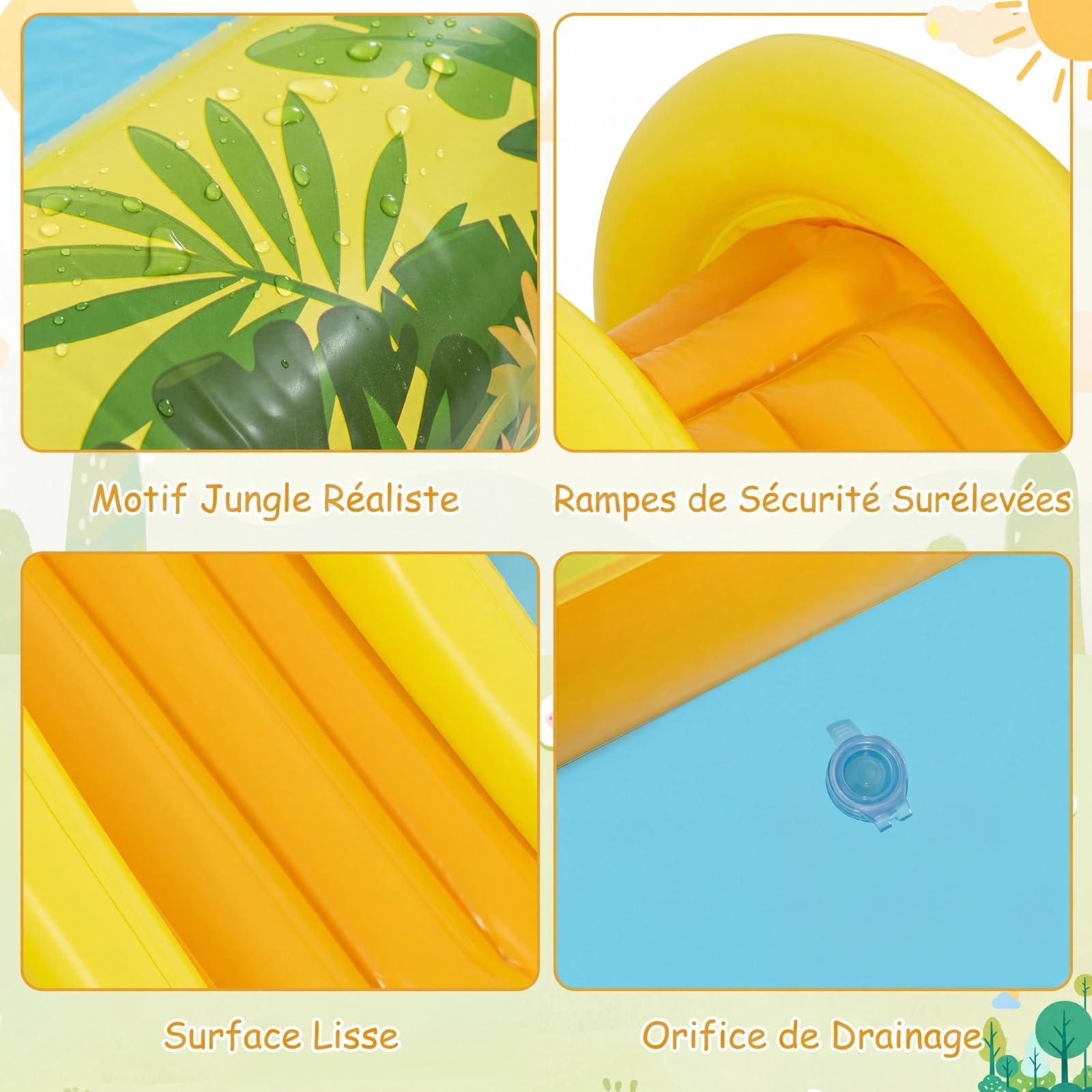 COSTWAY Piscine Gonflable Enfants Jungle avec Toboggan et Arroseur, Aire de Jeu Pataugeoire avec Jeu de Lancer d'Anneaux et Jouet Singe et Hippopotame pour Jardin Balcon Plage, 2-6 Ans, 207x168x77cm