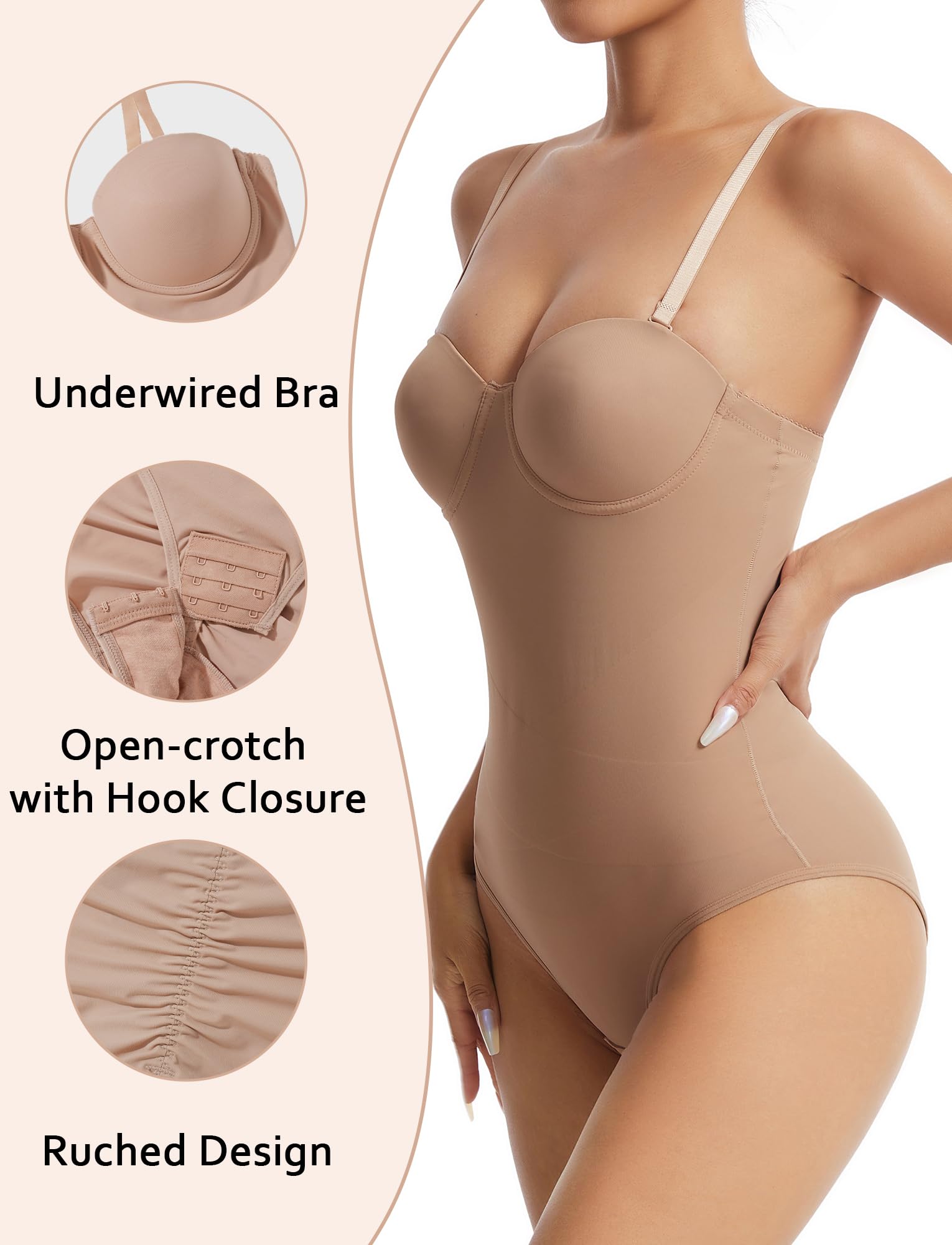 FEOYA Body moldeador para mujer, con control de abdomen, sin tirantes, con brasier moldeador de cuerpo, correas extraíbles, chaleco adelgazante de espalda baja