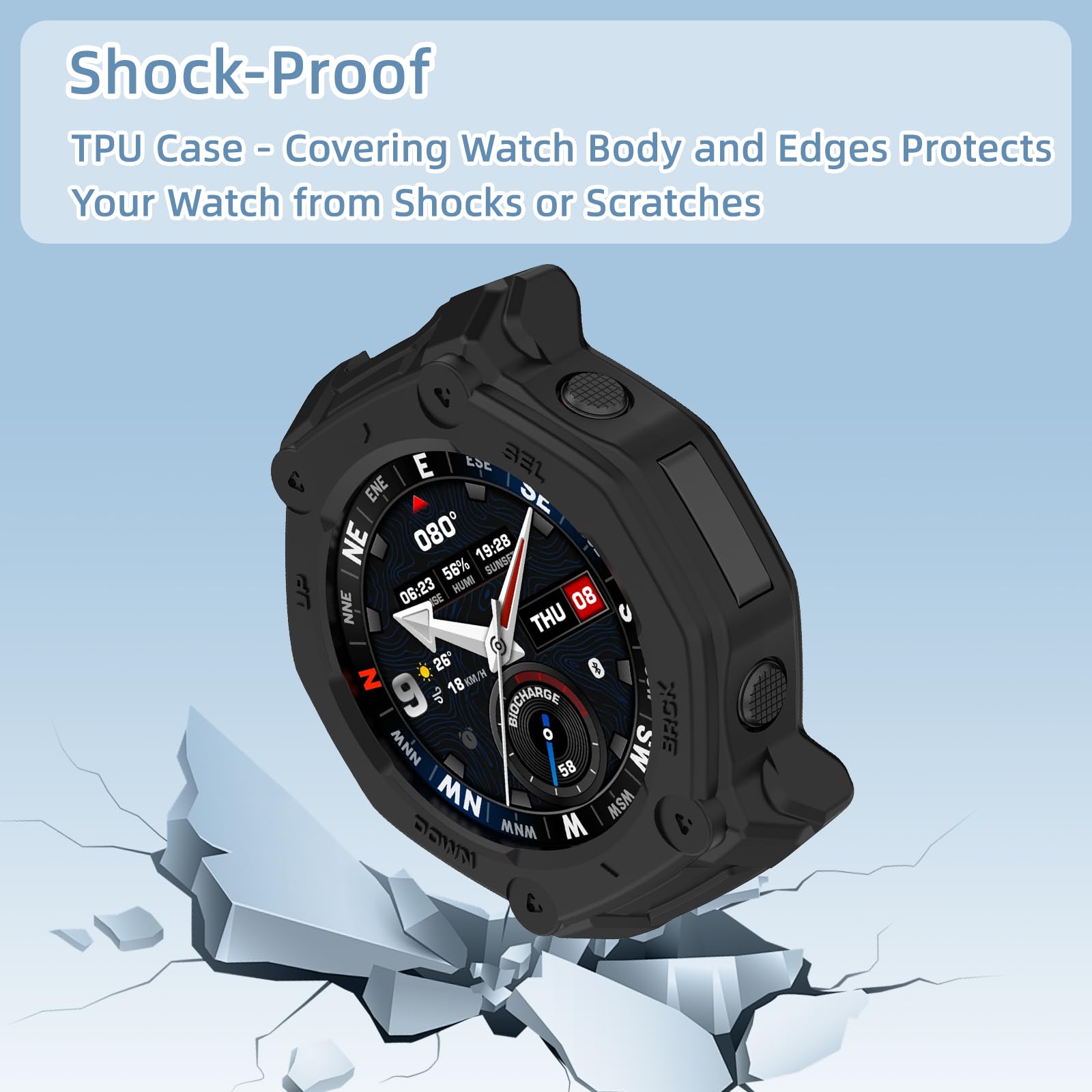 ZoRoll Etui ochronne z tworzywa TPU do Amazfit T-Rex 3 Pro 48 mm, odporne na upadki, miękkie silikonowe etui ochronne, kompatybilne z Amazfit T-Rex 3 Pro 48 mm, czarne