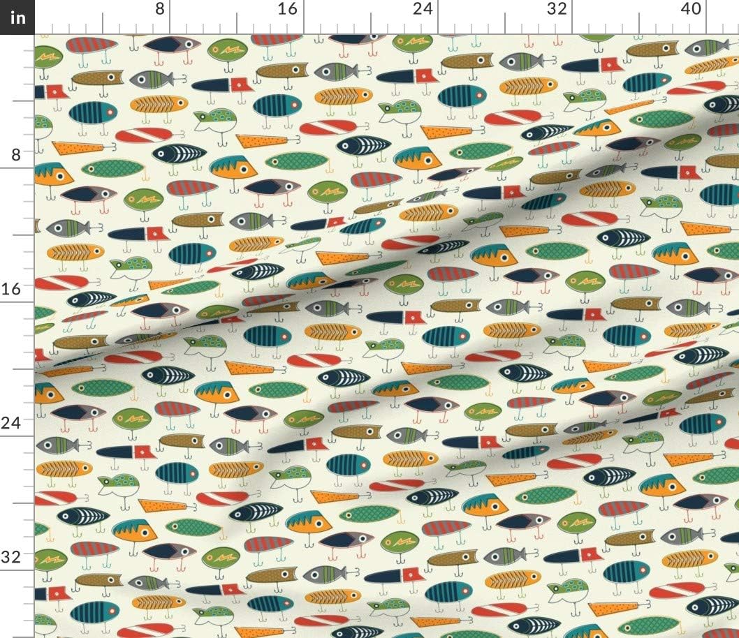 Spoonflower Fabric - Cream Fishing Fish Hook Lures Lure Boys Woodland Printed on Petal Signature Cotton Fabric Fat Quarter - Sewing Quilting Apparel Crafts Decor