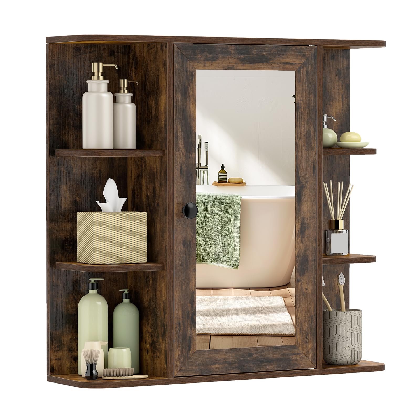 COSTWAY Bathroom Mirror Cabinet, Single Door Wall Mounted Storage Cupboard with Fixed/Adjustable Shelves, Home Office Living Room Display Organiser Unit (Rustic Brown, 66 x 16.5 x 63cm)