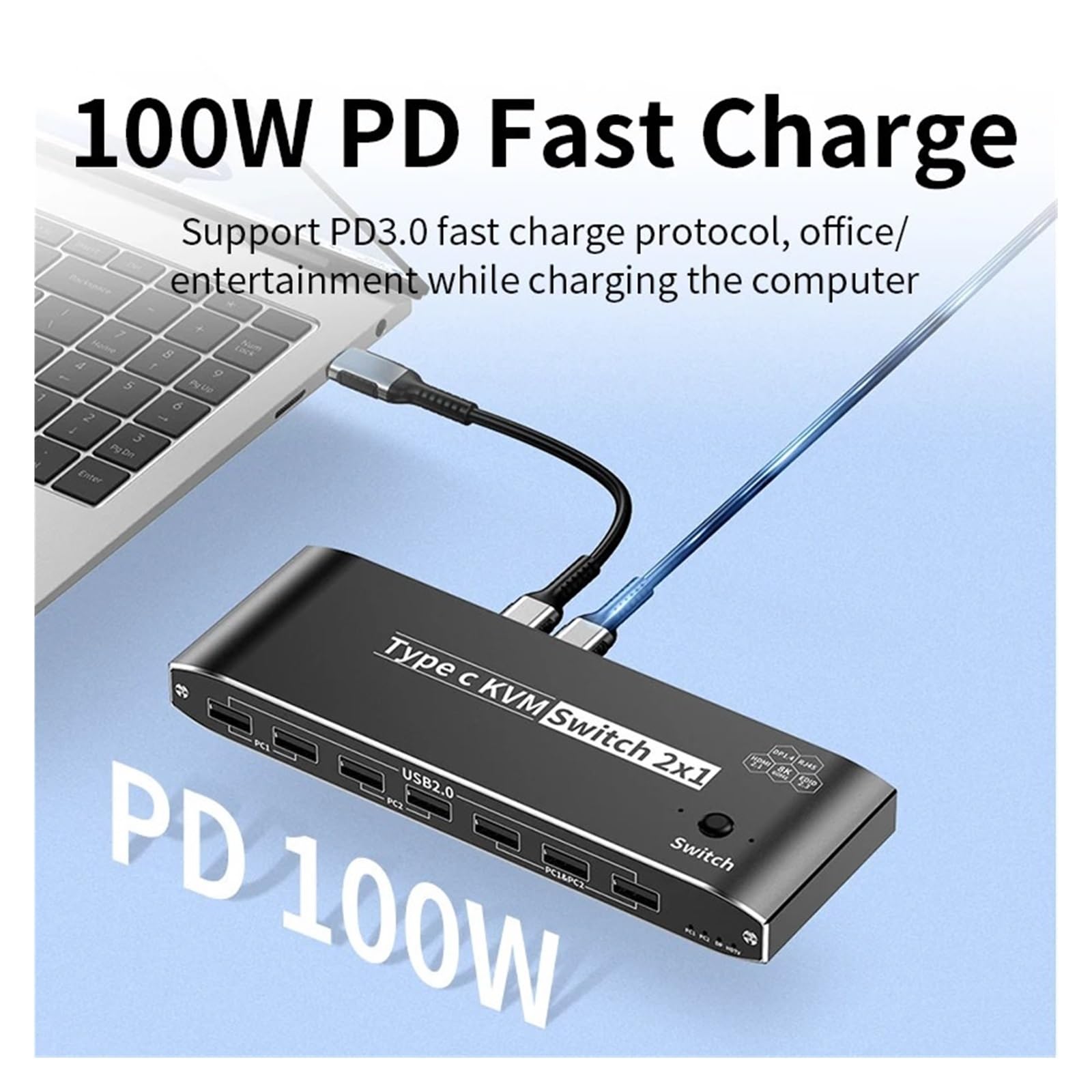 Commutateur KVM Commutateur KVM USB C vers HMI DP 3500W 8K, commutateur vidéo 4K120Hz avec Port réseau RJ45 PD 100W, Charge for 2 PC vers 1 Moniteur TV