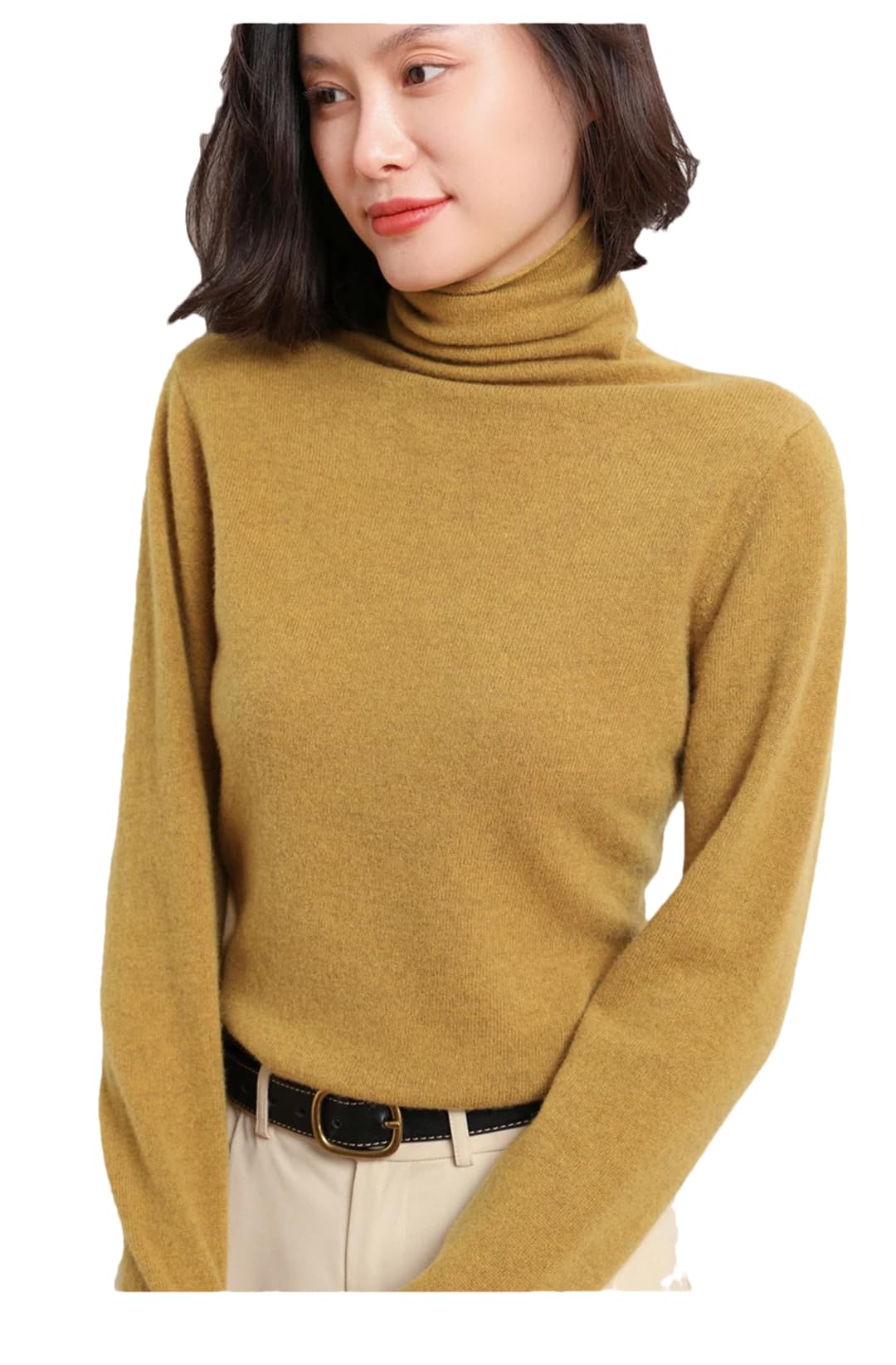 Maglione da donna a collo alto, tinta unita, a maniche lunghe, casual, lavorato a maglia, Beige, XXL