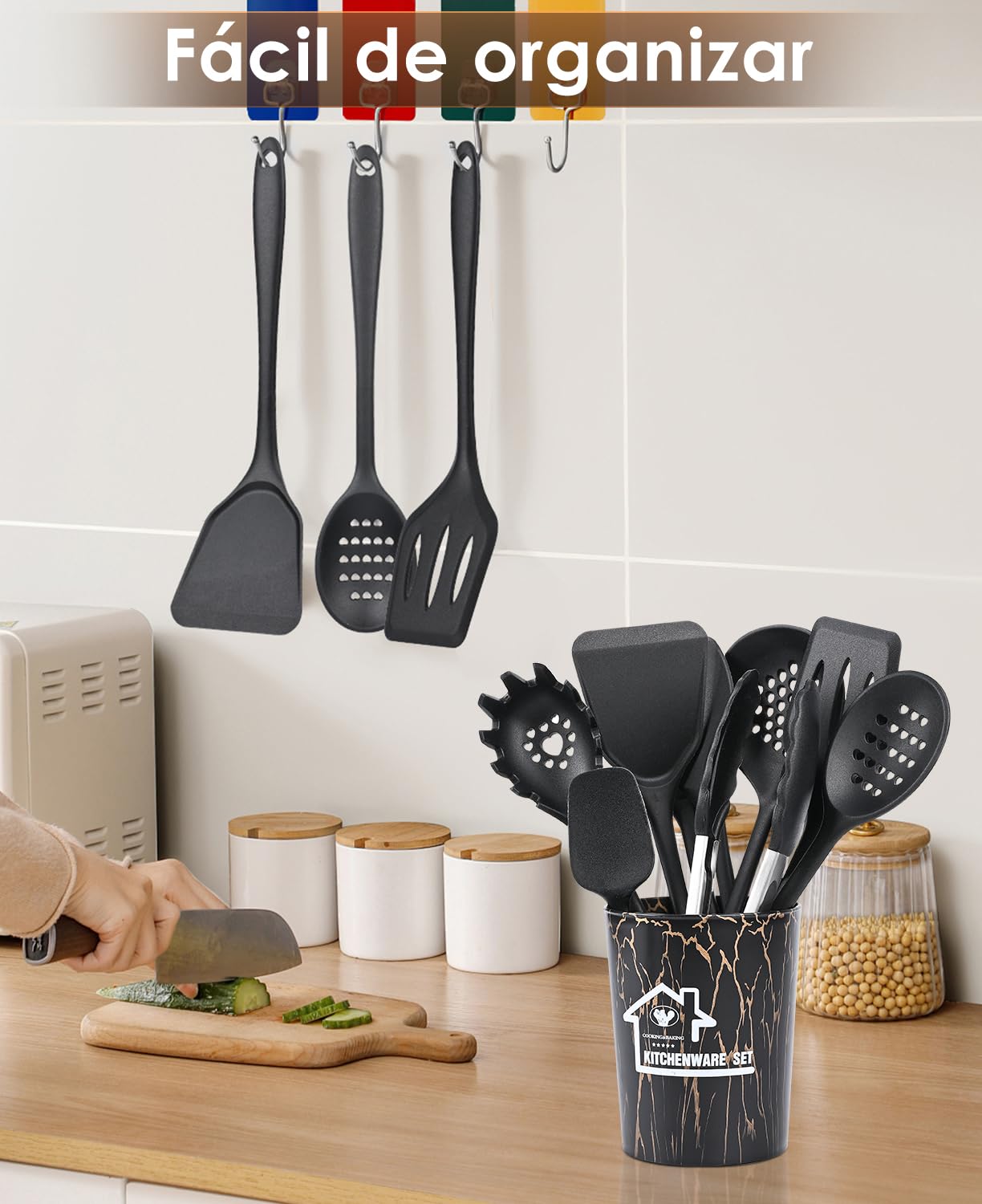Utensilios de Cocina de Silicona 44 Piezas Juego de Utensilios Antiadherentes, Resistentes al Calor, Cucharas de Cocina Silicona, Cucharas de Drenaje, Negro