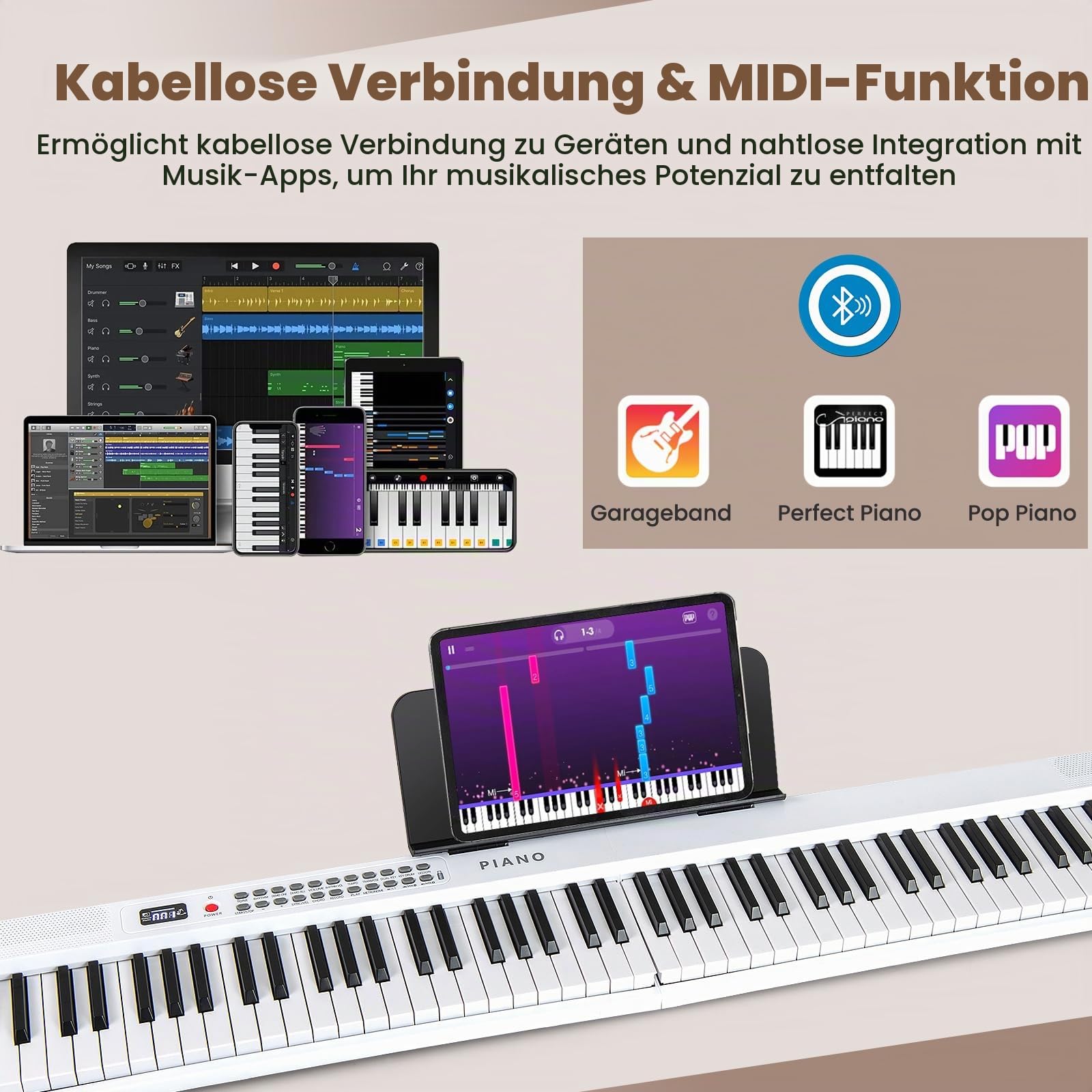 KOMFOTTEU Digitales Klavier mit 88 Tasten faltbar, Keyboard Piano mit kabellosem MIDI, zwei Lautsprechern, 1000 Stempel und Rhythmen, Digitalpiano mit Tasche (Weiß)