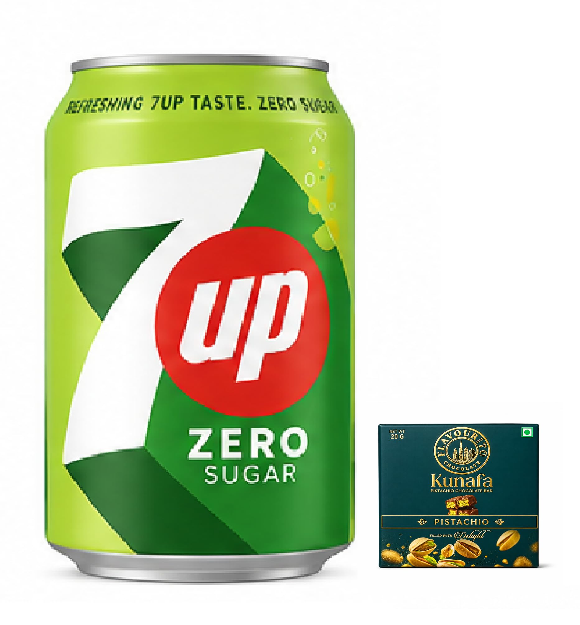 7UPs Zero Sugar Lemon Lime Flavoured Carbonated Soft Drink, Refreshing Beverage, 330ml Can,With Free Flavourito Kunafa Pistachio Chocolate Bar, 20g By Decadent Foods,(Imported-USA)-image-22