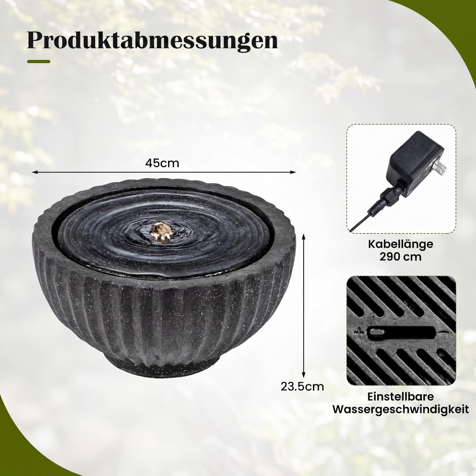 COSTWAY Springbrunnen Rund, Gartenbrunnen mit LED Beleuchtung & Pumpe, Brunnen Outdoor, Steinoptik, Zimmerbrunnen draußen, Wasserfall Brunnen für Garten Balkon Terrasse, 45 x 45 x 23,5 cm