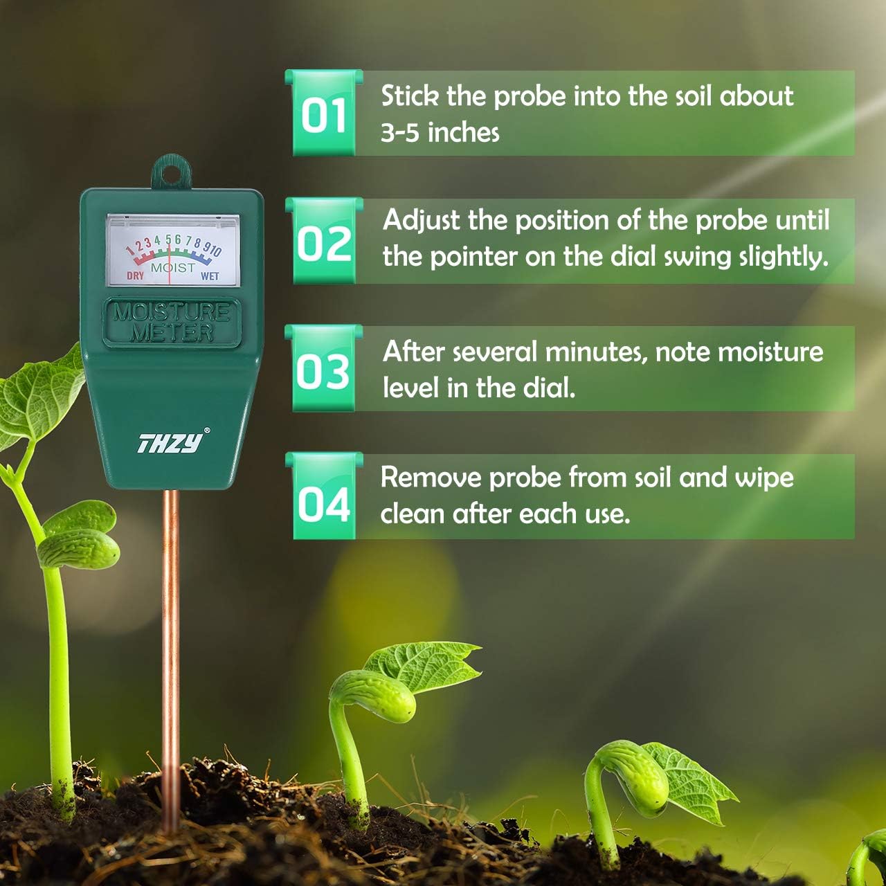 THZY Soil Moisture Meter,Hygrometer Moisture Sensor soil Indoor/Outdoor Moisture Sensor Meter, soil water monitor, for gardening, farming (No Battery needed)