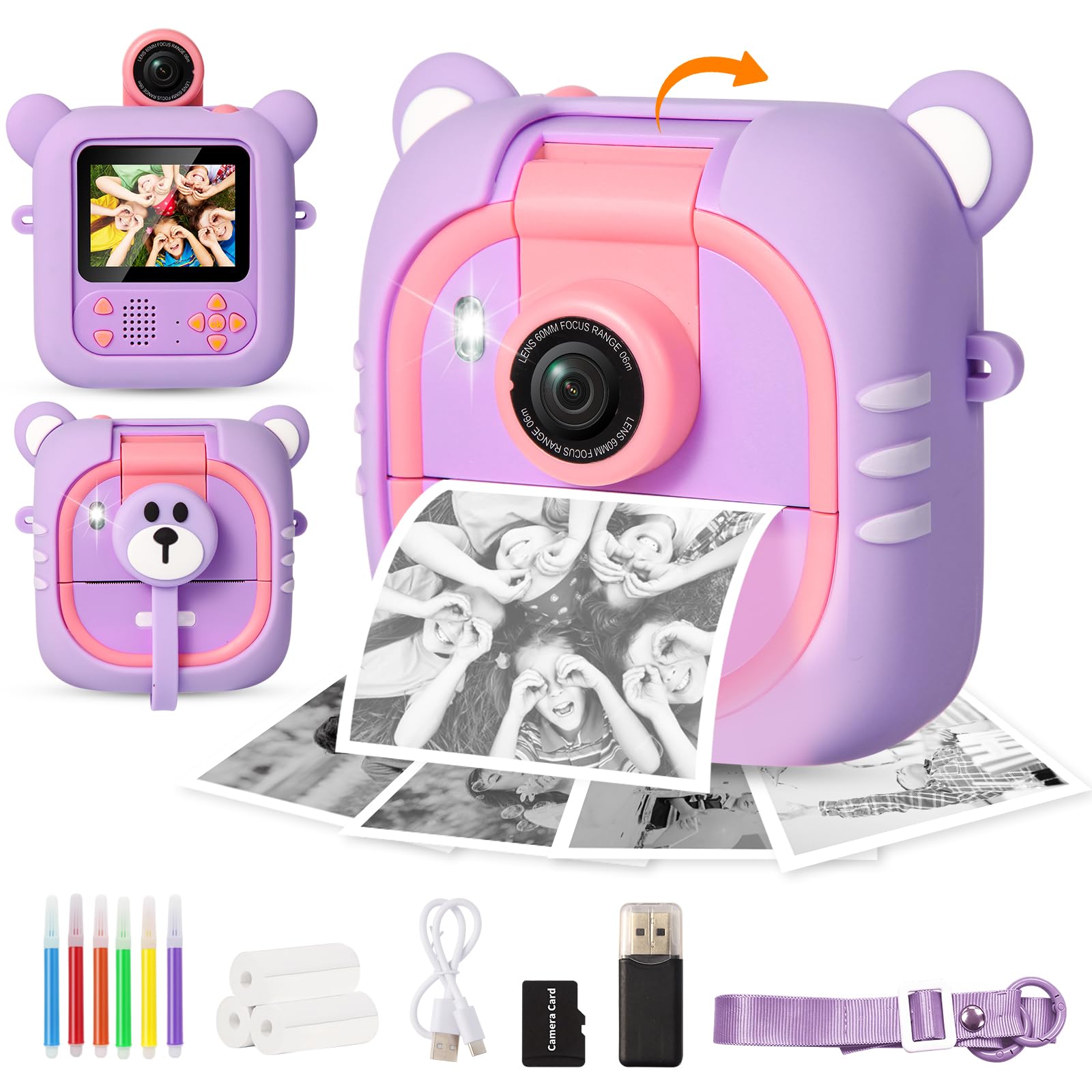 Arnssien kids camera instant print, Colour Print, 1080P, 180° Lens | Instant Print Camera for Kids, Kids Camera with Photo & Video, 7 Print Papers (4 Colour+3 B&W), Birthday Present Ages 3-12,M2