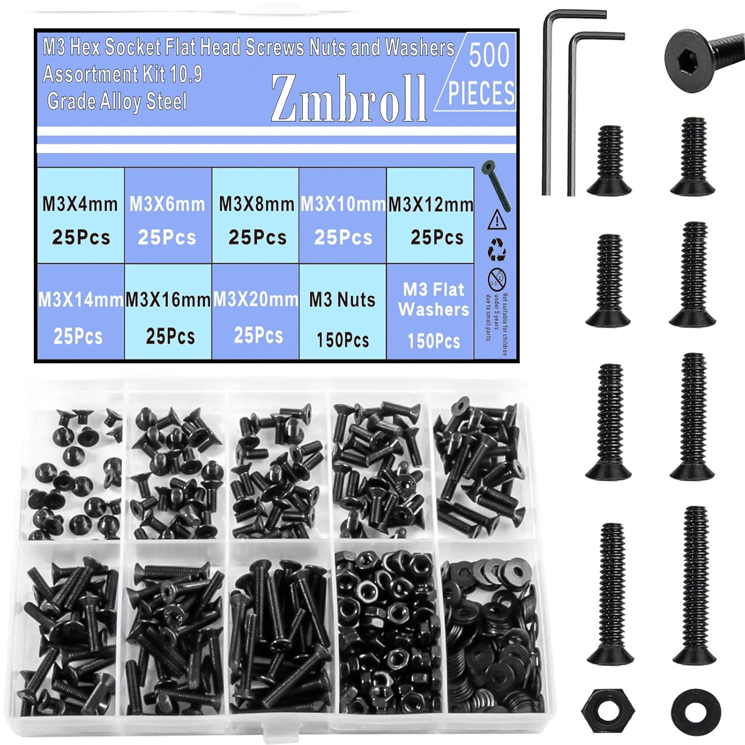 500Pcs Countersunk Head Socket Cap Screws M2 x 4/5/6/8/10/12/16/20mm 10.9 Grade Alloy Steel Black Fully Threaded Metric Machine Screws Bolts Washers Nuts Assortment Kit