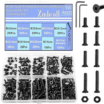 500-Piece Flat Head Socket Cap Screws M3 x 4/6/8/10/12/14/16/20mm 10.9 Grade Alloy Steel Black Fully Threaded Metric Socket Head Cap Screws Bolt Washer Nut Assortment Kit