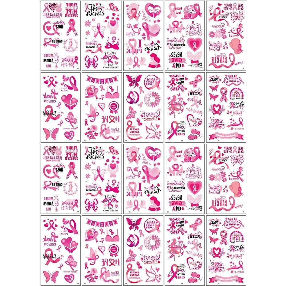 Sslvya 20 Sheets Breast Cancer Awareness Tattoos Stickers, Pink Ribbon Tattoos Stickers Breast Cancer Awareness Decorations Accessories