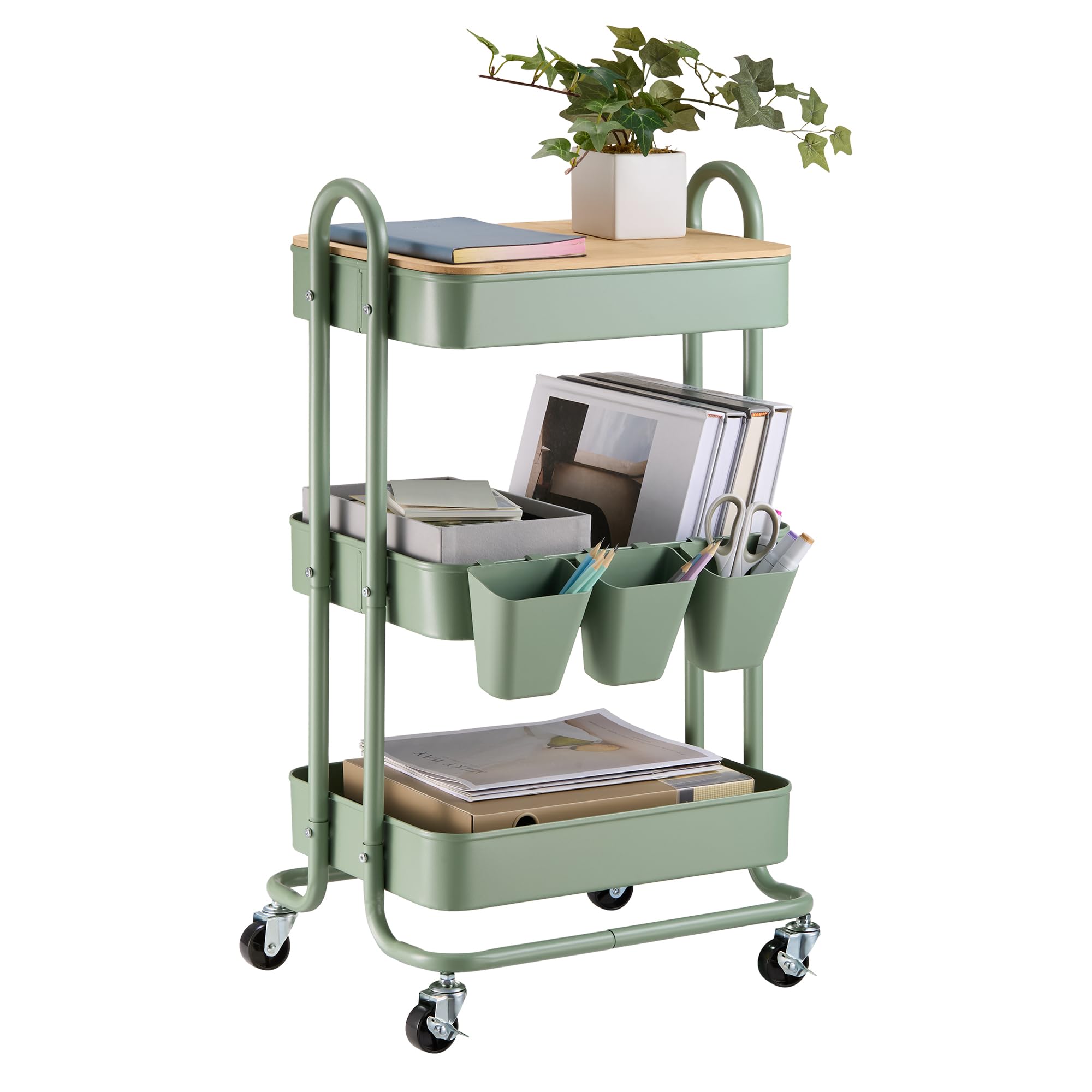 VonHaus Sage Green Storage Trolley - 3 Tier Bathroom Storage with 4 Wheels - Kitchen Trolley with Steel Frame & Bamboo Lid - Craft Cart with 3 Hanging Baskets & Hooks - Rolling Cart for Home Office