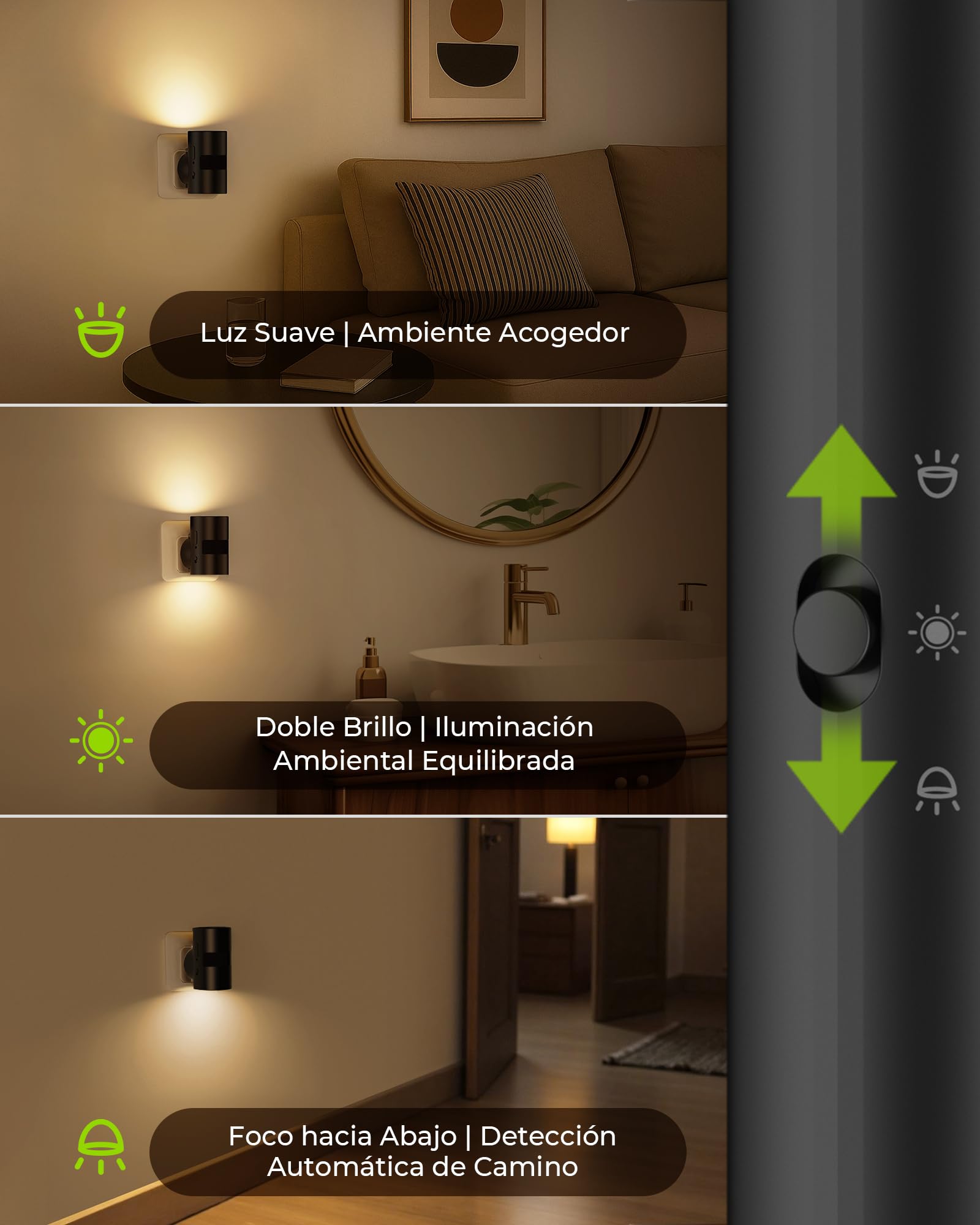 AUVON Lámpara de Noche Enchufable con Sensor de Movimiento y Sensor Crepuscular, Iluminación Superior e Inferior, Luminosidad Ajustable, Innovadora Rotación de 90° para Dormitorio, Pasillo, Cocina