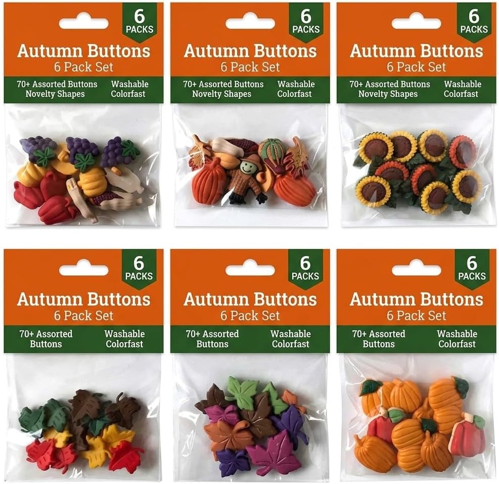 Buttons Galore 70+ Assorted Autumn Buttons for Sewing & Crafts - Set of 6 Button Packs - Leaves, Pumpkins, Sunflowers & More