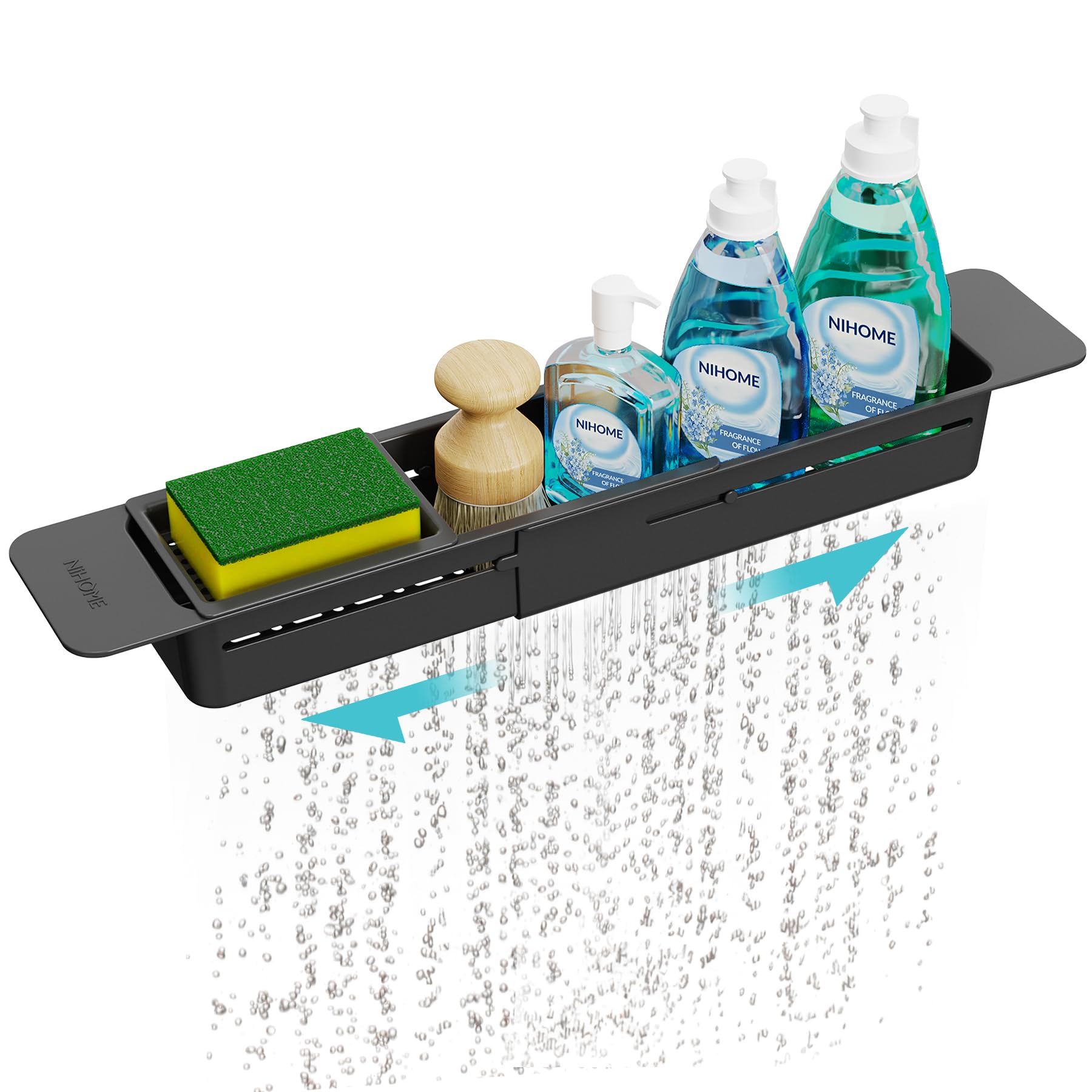 NiHome Extendable Sink Kitchen Organizer, Extra Long Telescopic Brush Storage Rack for Sponge, Non-Slip Pads Expandable Sink Caddy, Adjustable Sponge/Brush Rack with Drainage Durable ABS (Black)