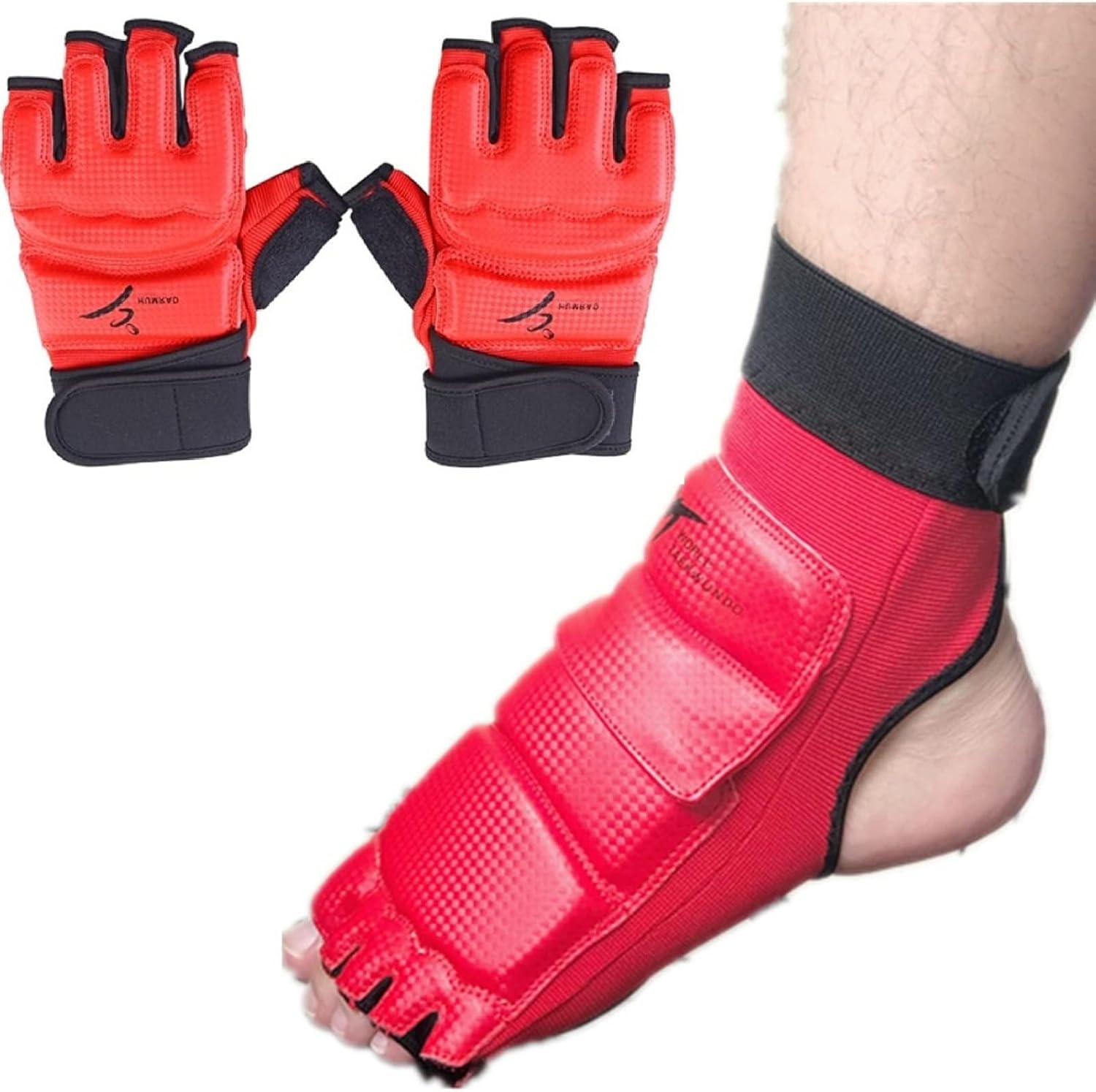 Taekwondo Karate Gloves Foot Protector Set, Martial Arts Boxing Training Sparring Gear Foot Guards Half Finger Gloves Kit for Men Women Karate Kung Fu Kickboxing MMA TKD