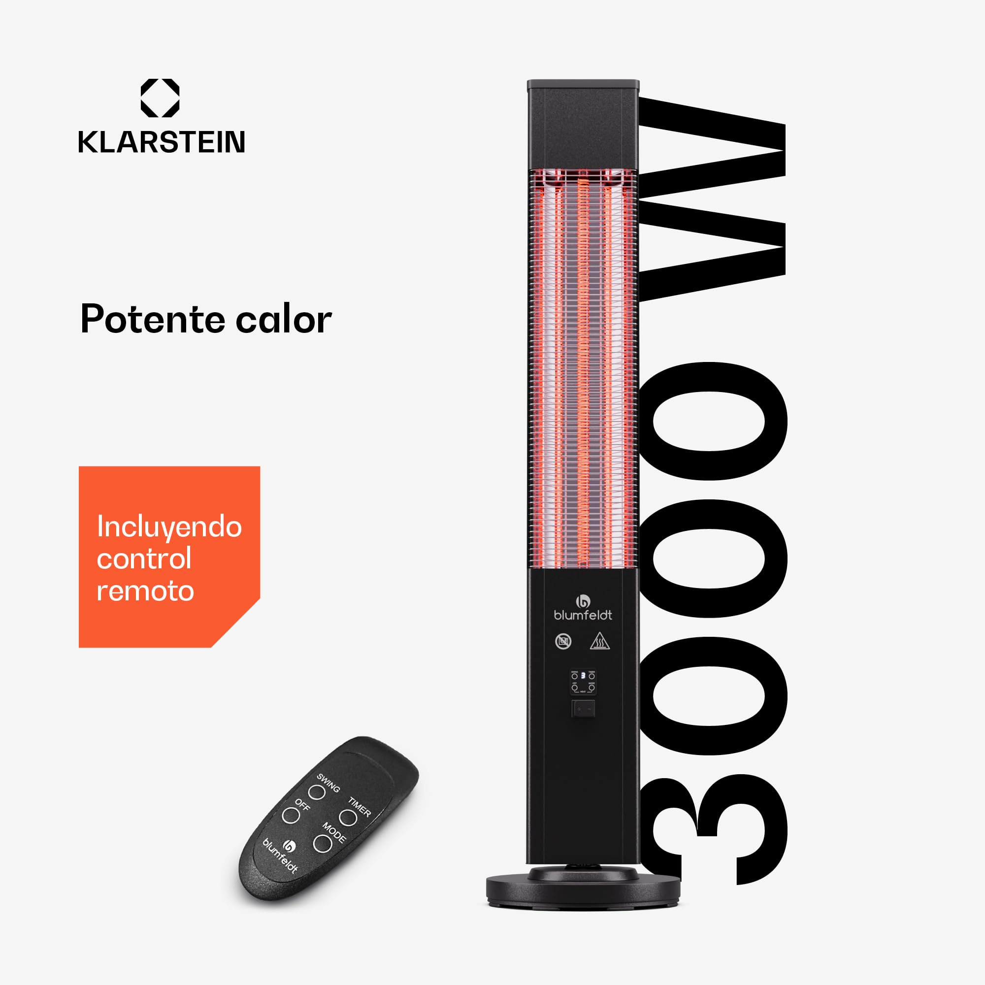 Blumfeldt Calefactor de suelo por infrarrojos, calefactor eléctrico de 3000 W, de infrarrojos para interior y exterior, IR con protección antivuelco y mando a distancia, eficaz eléctrico