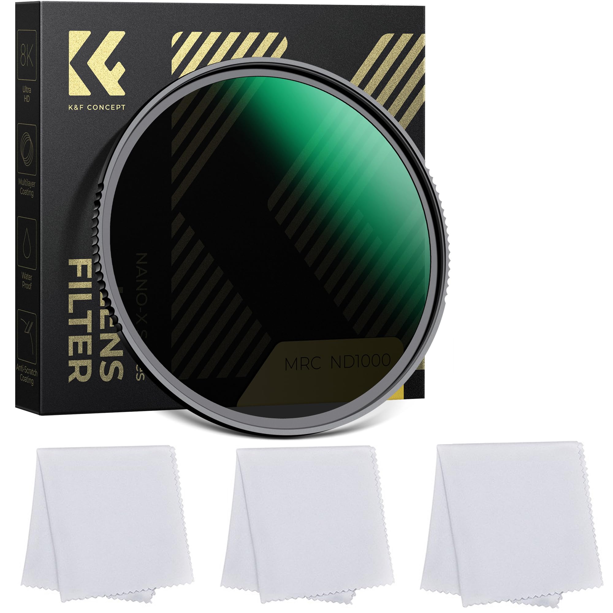 K&F Concept Nano-X Series ND Filters ND1000 (10 stop), filtro per obiettivo, 28 rivestimenti multistrato, impermeabile, antigraffio, super sottile, per obiettivo della fotocamera + panno in microfibra