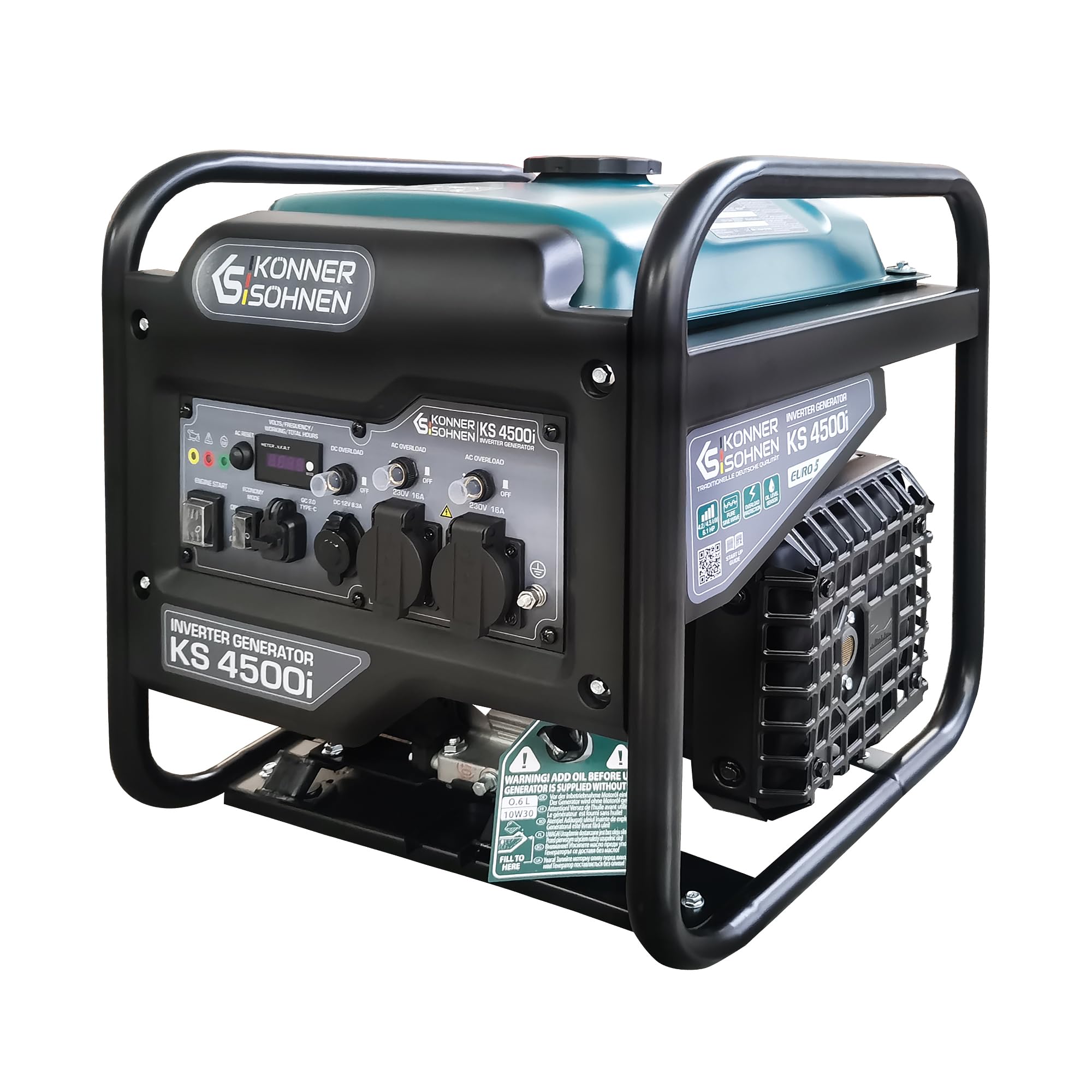 K&S Könner&Söhnen KS 4500i Groupe électrogène essence onduleur 4500 W, USB QC 3.0, Type-C, Générateur à essence avec mode éco, écran LED, 4 temps, 12 V, générateur à onduleur