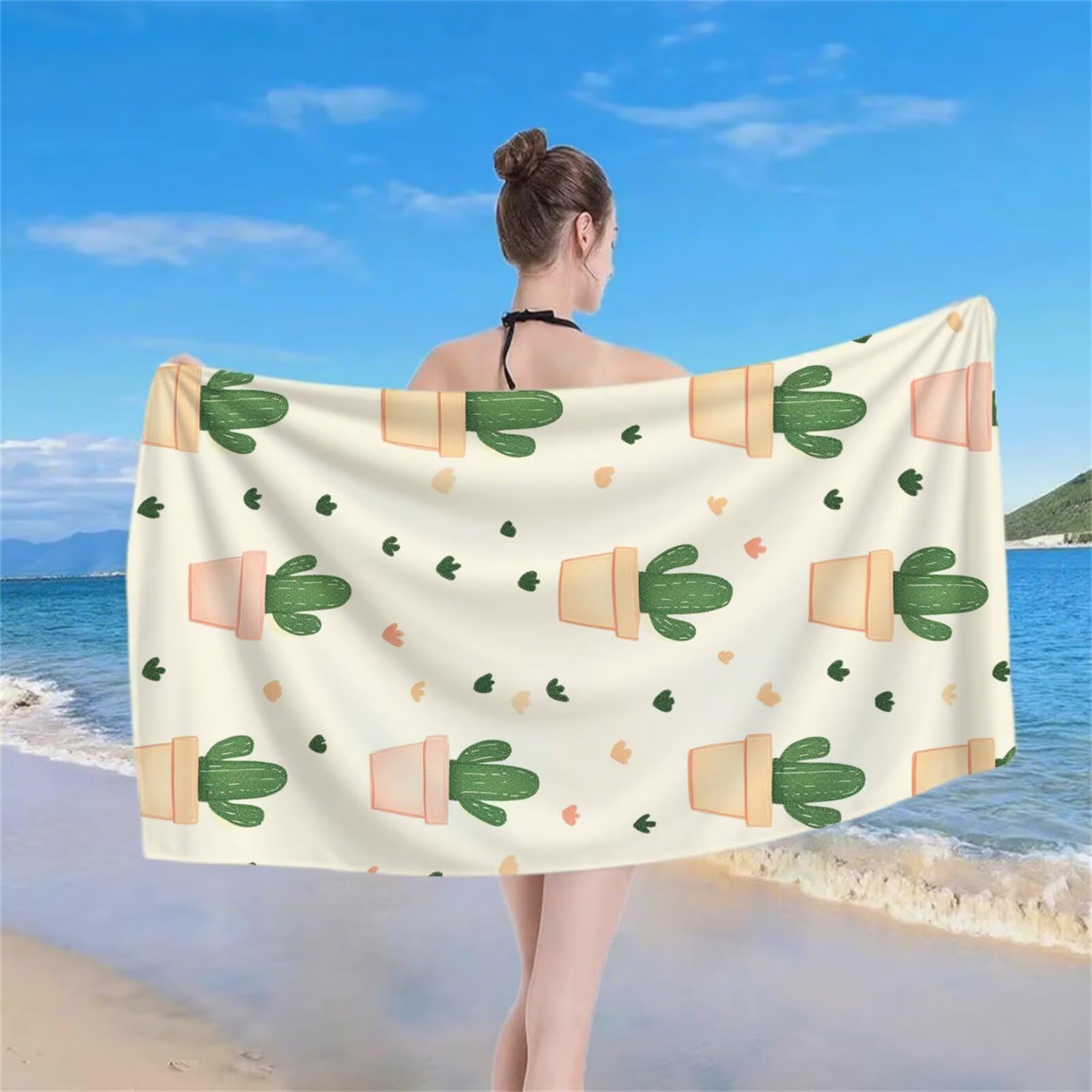 Serviette de Plage XXL 220x100 cm Anti Sable et Séchage Rapide Microfibre Drap de Plage Serviette de Bain Grande Taille Drap de Bain pour Homme Femme Voyages Natation Camping Pique Nique Cactus S-645