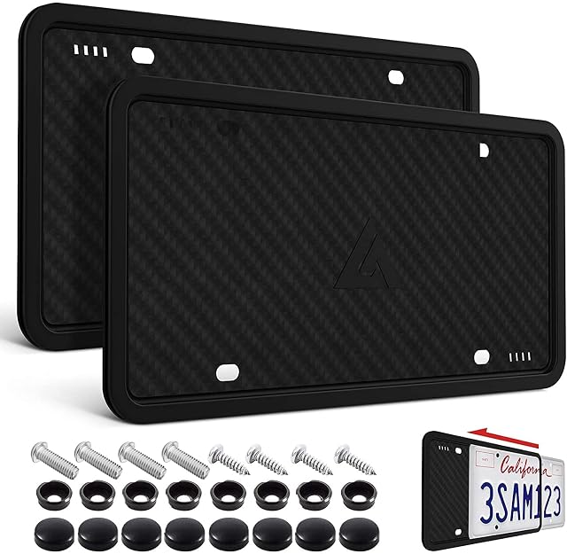 Aujen Silicone License Plate Frames 2 Pack Black Side-Opening License Bracket Holder with Easy Installation License Plate Frame