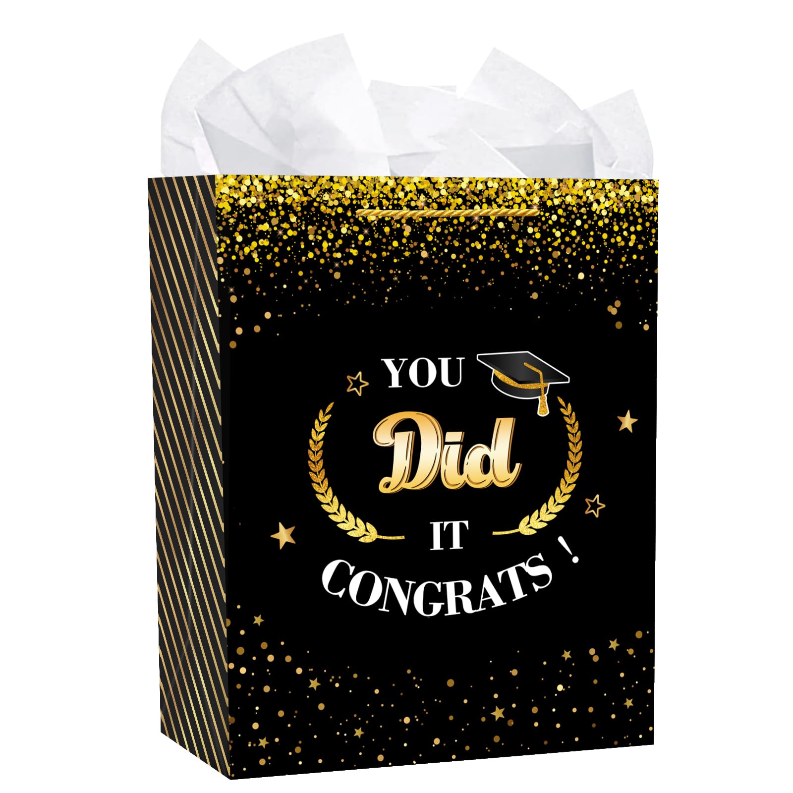 Photo 1 of HEYINSHEN Graduation Gift Bags with Tissue Paper Congrats You Did It Gift Bag Black Gold Congratulations Goodie Bag Congrats Grad Decorations Large Congrats Bag for Graduation Party Ceremony