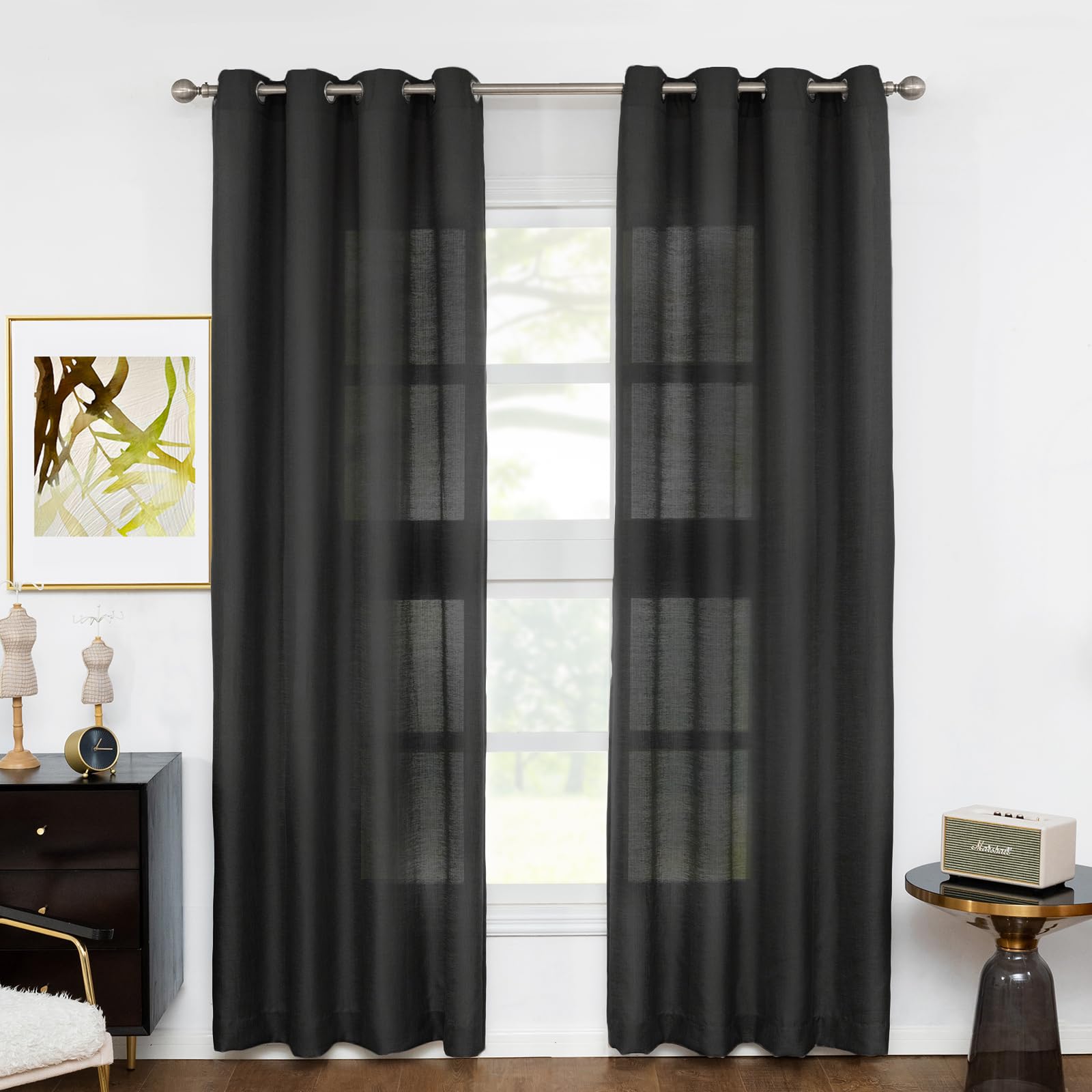 Melodieux Black Semi Sheer Curtains 96 Inches Long For Living Room Bedroom Flax Linen Grommet Voile Drapes, 52 By 96 Inch (2 Panels)