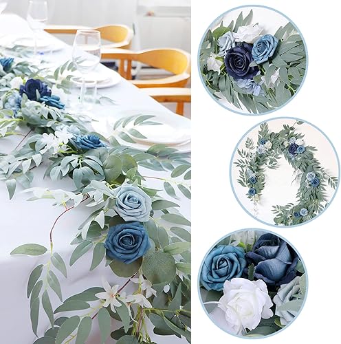 Miniatura 2 de Guirnalda de eucalipto artificial con flores, flores burdeos de 6 pies, guirnalda de mesa de boda, hecha a mano, centros de mesa de boda, centros de