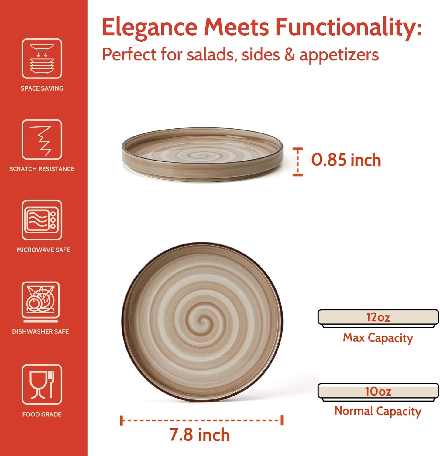 Sweese 7.8 Inch Porcelain Dessert Plates Set of 6 - Gradient Salad Plates, Microwave & Dishwasher Safe, Scratch-Resistant, Elegant High-Edge Design for Appetizers, Cakes, Pasta - Neutral - Image 3