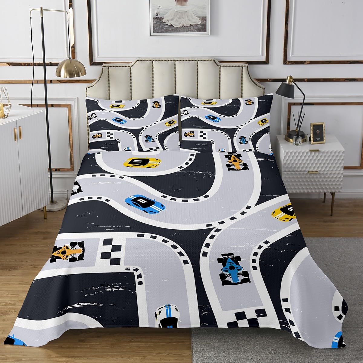 Castle Fairy Road Traffic Bedspread Twin Size,Racing Car Track Extreme Sports Bedding Coverlet for Kids Teens Bedroom Decor,Construction Vehicle Rustic Style Bedding Set 2Pcs,1 Pillowcase