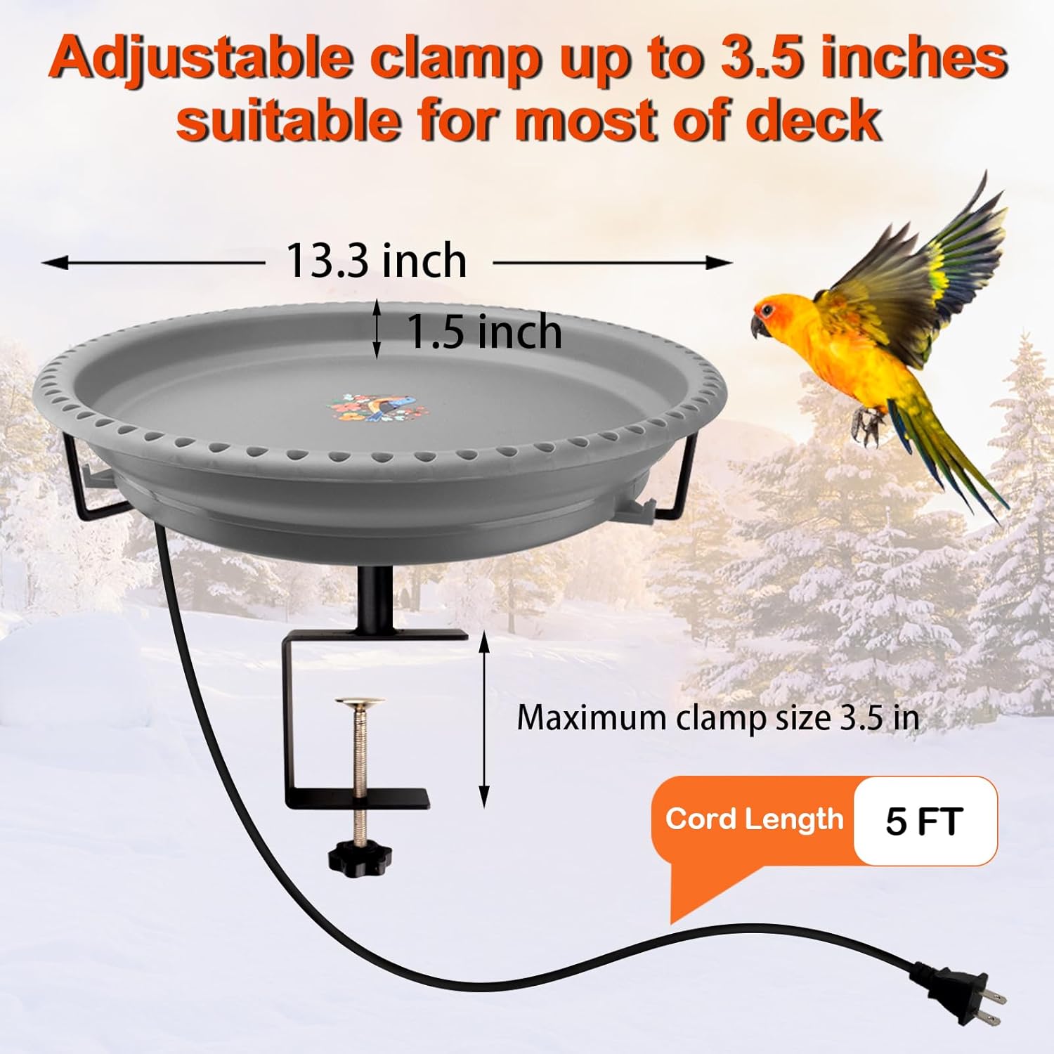 Daoeny Heated Bird Bath for Deck Railing, Upgraded 100W Heated Bird Baths for Outdoors Thermostat Control, Heated Bird Bath for Outside Winter Garden Yard Patio Decor (Grey)
