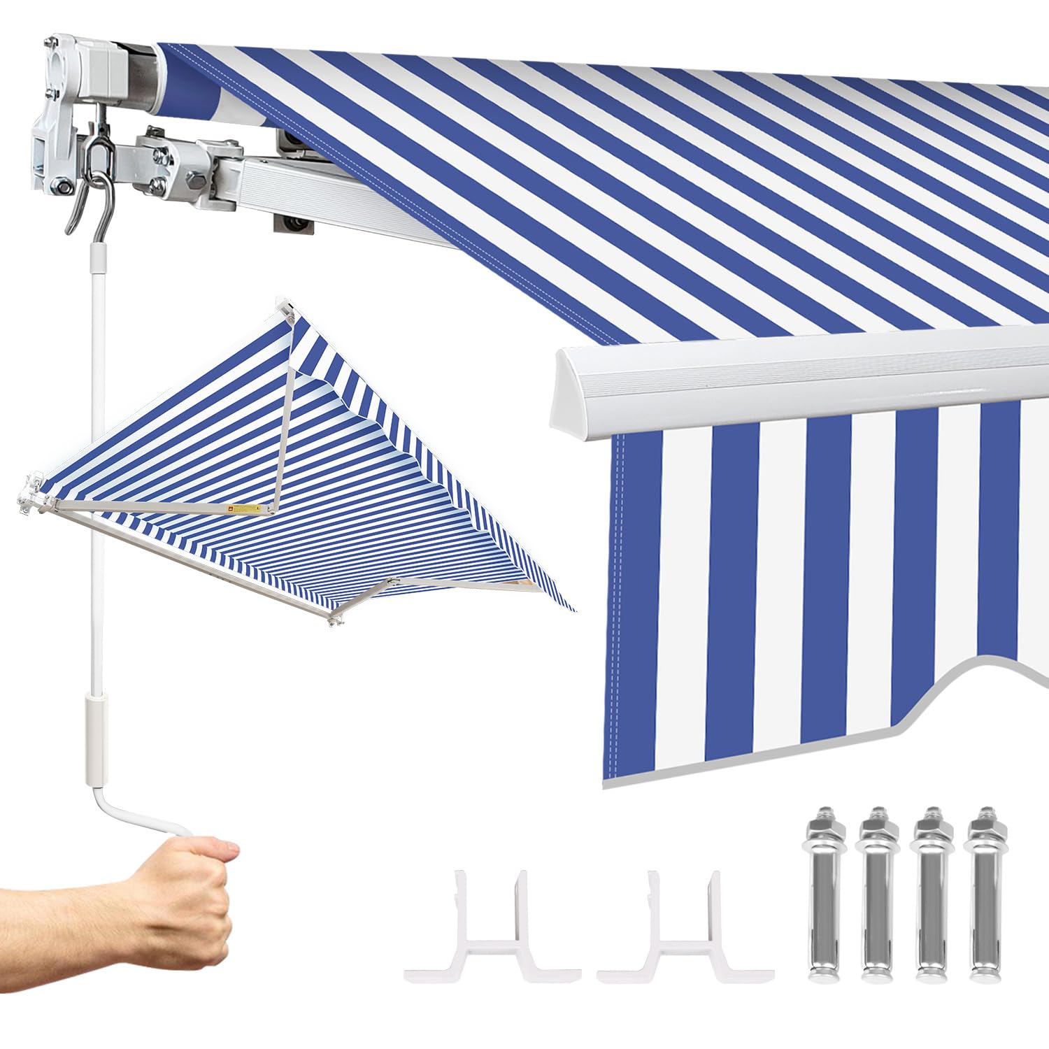 Store banne manuel en aluminium avec bras articulés et toile rayée 350x300