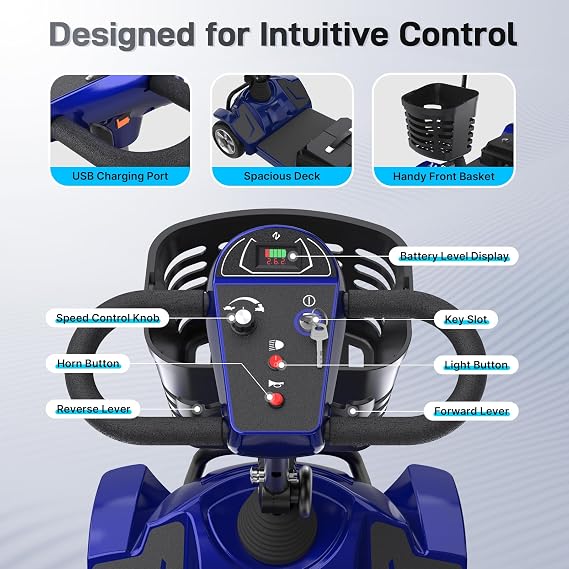 Hoverfly T4 Mobility Scooter for Seniors, Max 12.4-Mile Range & 3.7 mph, 3-Position Seat & Anti-slip Rear Wheel, Removed Battery&Quick Fold Design, Solid 9 Tire&330 lb Capacity, Ease of Assembly Blue
