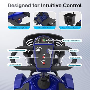 Hoverfly T4 Mobility Scooter for Seniors, Max 12.4-Mile Range & 3.7 mph, 3-Position Seat & Anti-slip Rear Wheel, Removed Battery&Quick Fold Design, Solid 9 Tire&330 lb Capacity, Ease of Assembly Blue