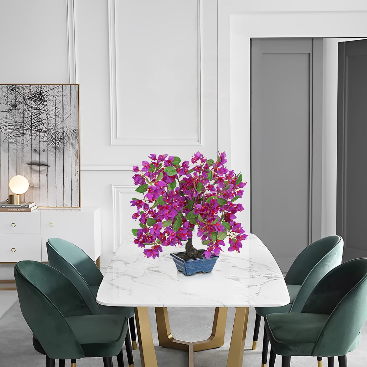 Fleurs artificielles en pots 47 cm de haut, plantes de bougainvillées artificielles avec pot en céramique bleu, fausses plantes de bougainvillées violettes en soie pour décoration de printemps