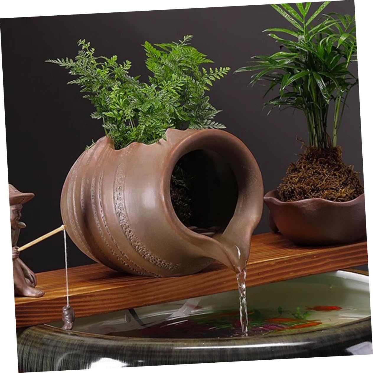 Ceramic Jar Water Fountain Decorative Outdoor Garden Decor Circulating Water Feature for Fish Design No Pump Required Mini Rustic Brown Enhances Tranquility Any Space