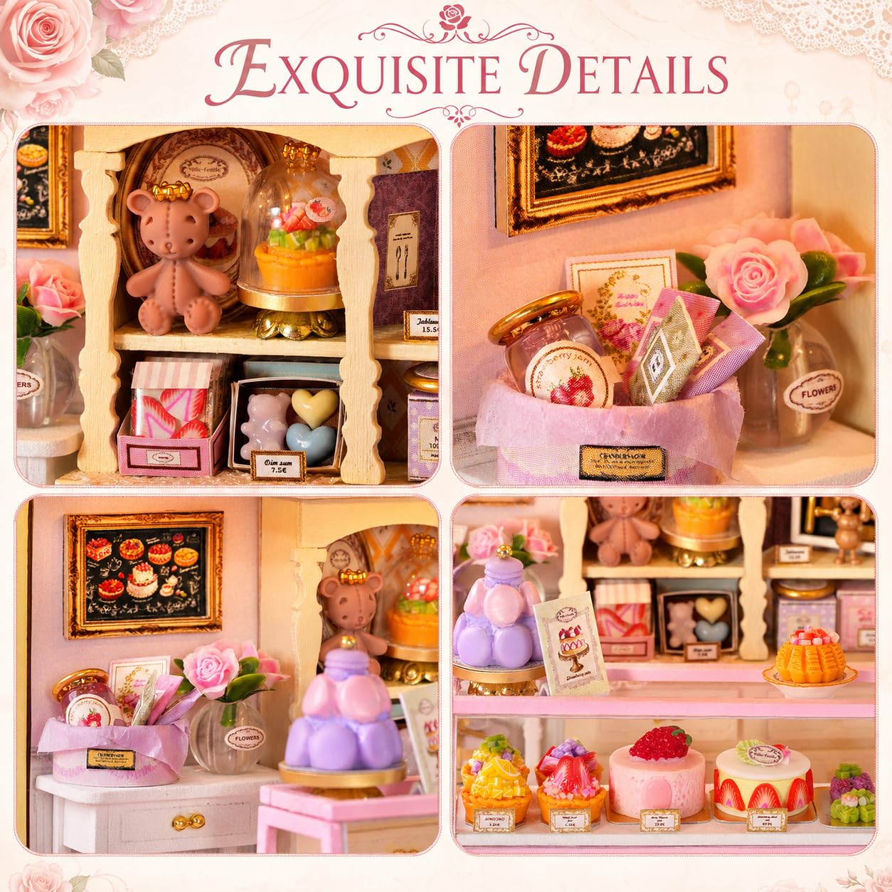 Spilay Miniatur Haus, Rose Dessert Shop DIY Miniature House mit LED-Licht, 3D Holz Puppenhaus Bastelset zum Entspannen & als Deko - Kreatives Geschenk (Weihnachten, Valentinstag, Geburtstag)