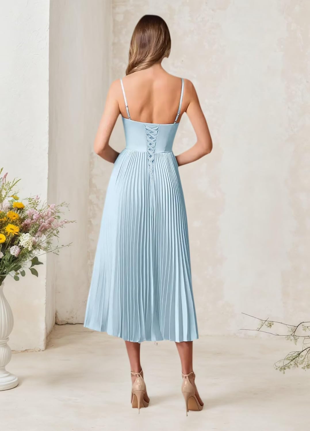 Pleated Bridesmaid Dresses for Women Satin A Line Tea Length Formal Dress Midi Evening Party Gowns - Image 3