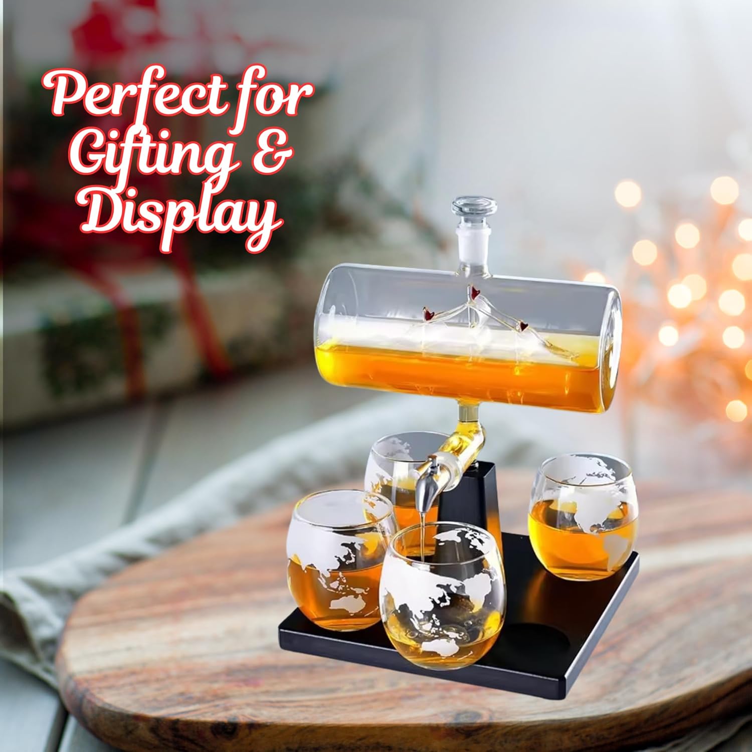 Boat Whiskey Decanter Set - Nautical Glass Decanter with Sailboat Design | Elegant Whiskey Gift Set with Glasses and Wooden Base | Perfect for Whiskey, Scotch, or Bourbon!