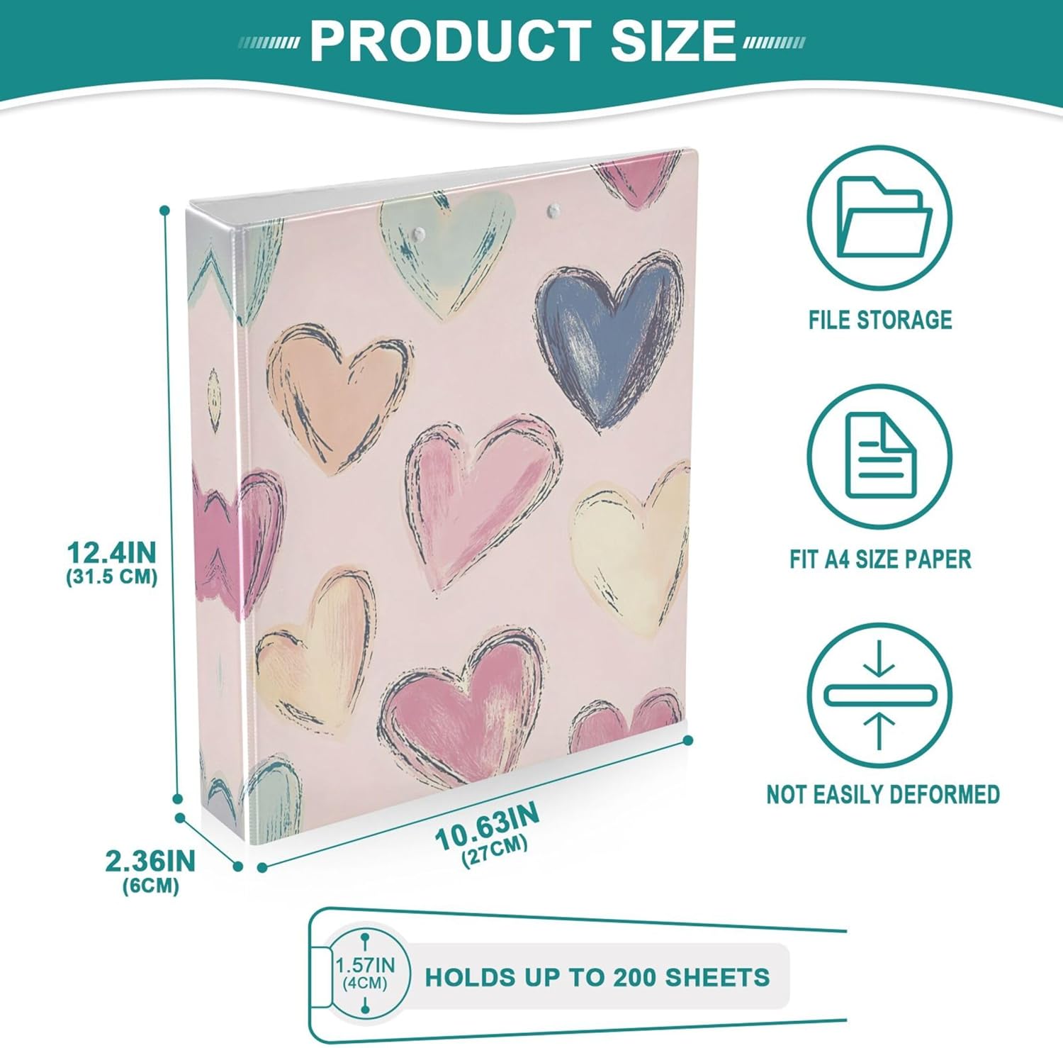 Valentine's Day Colorful Hearts 3 Ring Binders, 1.5” Round Ring Binders with Clipboard - Letter Size, 3 Interior PVC Clear Pockets & Anti-Slip Clip for Office School Supplies, 2PCS