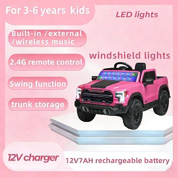 12V Kids Ride-On Car with Remote Control, 4-Wheel Shock Absorption, Multifunctional Music Player for Toddlers (3-6 Years Old) (Pink)