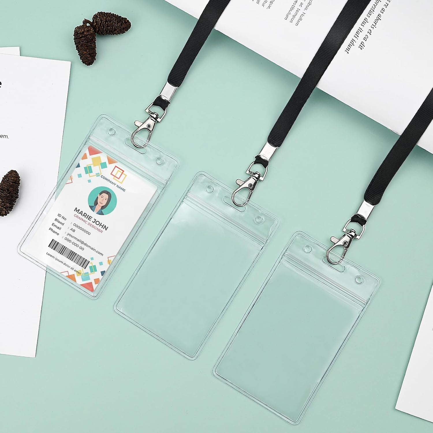 3 Pack Clear ID Badge Holder with Lanyard Black Neck Lanyards with Vertical Waterproof ID Badge Holder for Office, School, Travel thumbnail