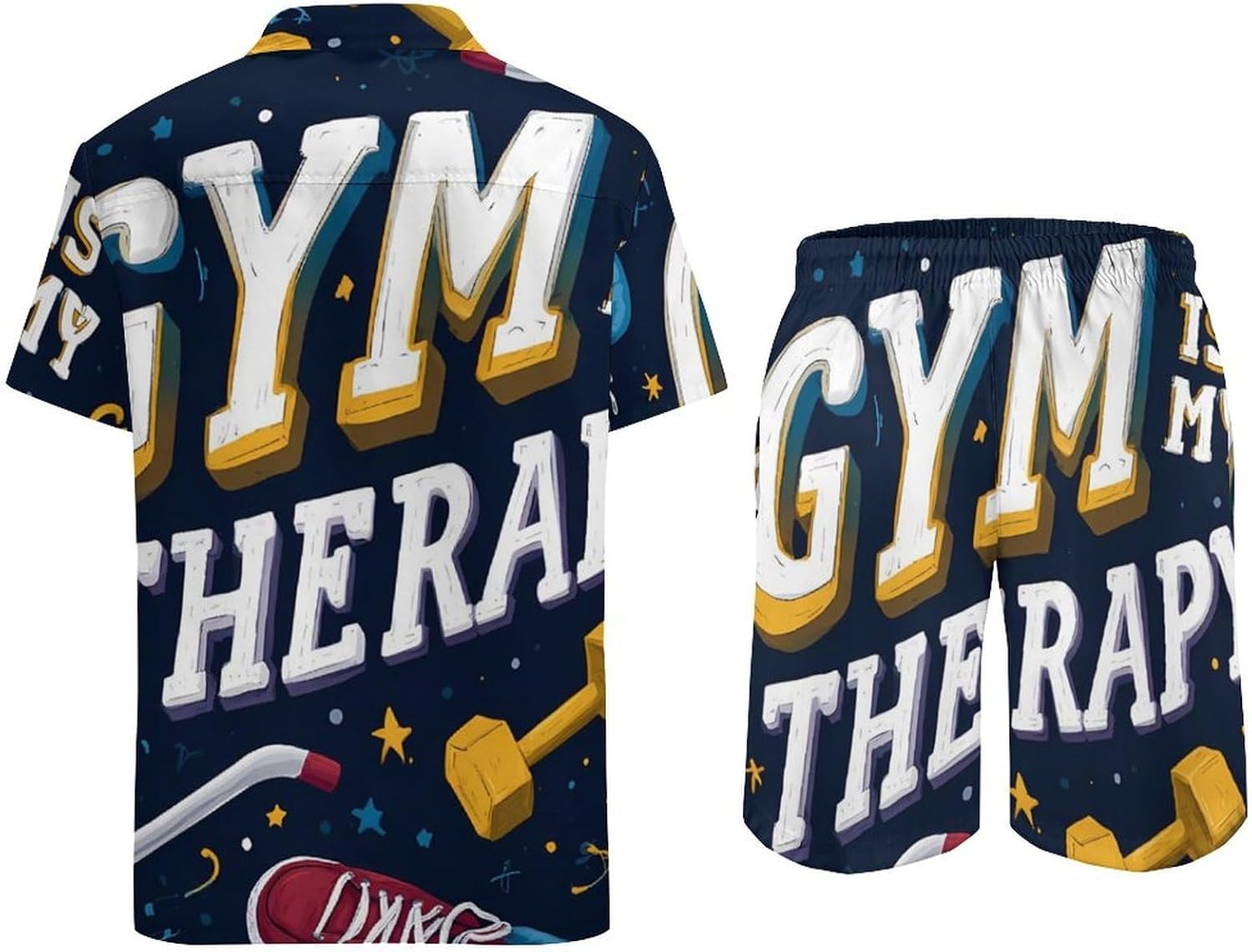 Gym Is My Therap Men's Summer Beach 2 Piece Outfits | hawaiian button down shirt and shorts,vacation cruise,mens bathing suit