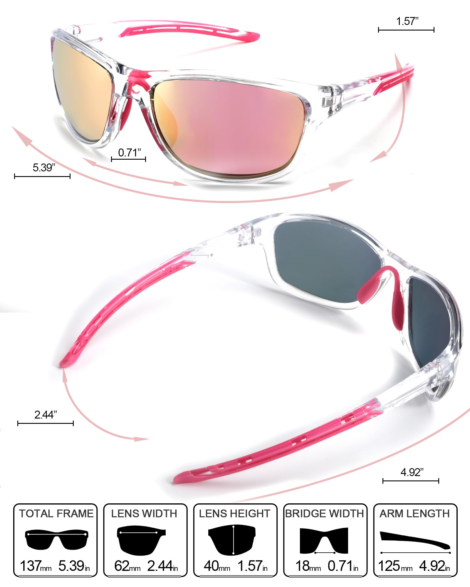 Gafas de sol deportivas polarizadas para mujer, estilo envolvente de diseñador IF8150, C01 Marco transparente/lentes polarizados espejados rosa, M 5