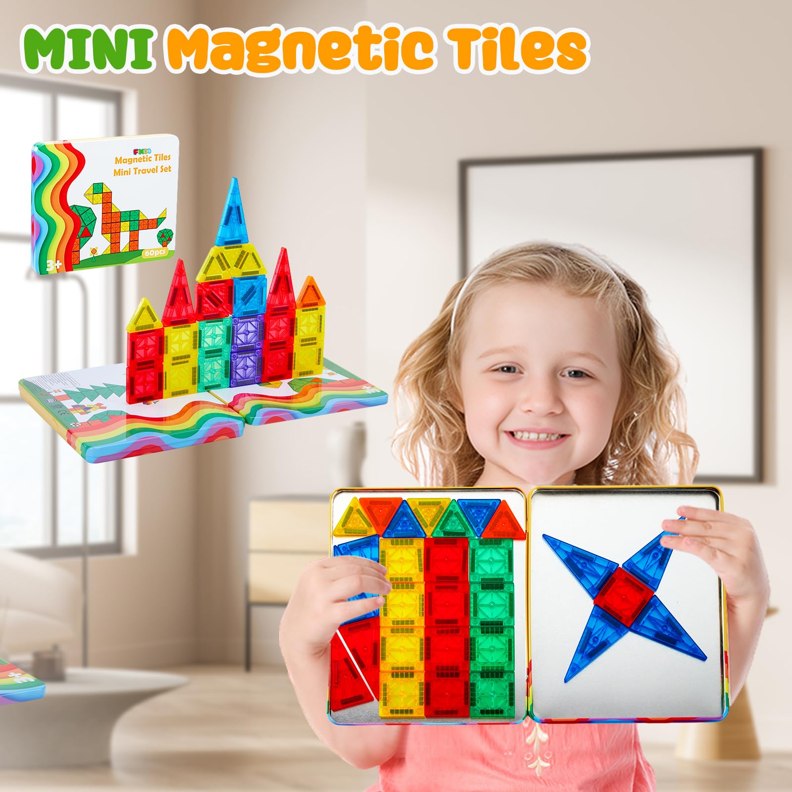 FNJO Mini Magnetic Tiles, 60PCS STEM Building Blocks Toy for Kids view 6