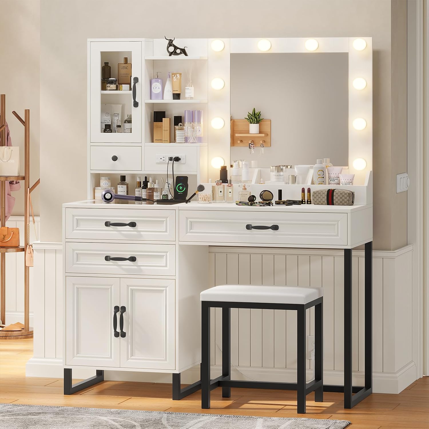 Makeup Vanity with Mirror and Lights & Stool, Glass Top Vanity Desk with Charging Station, 4 Stoarge Drawers & Double-Door Cabinet, for Girls Bedroom, Modern White & Black