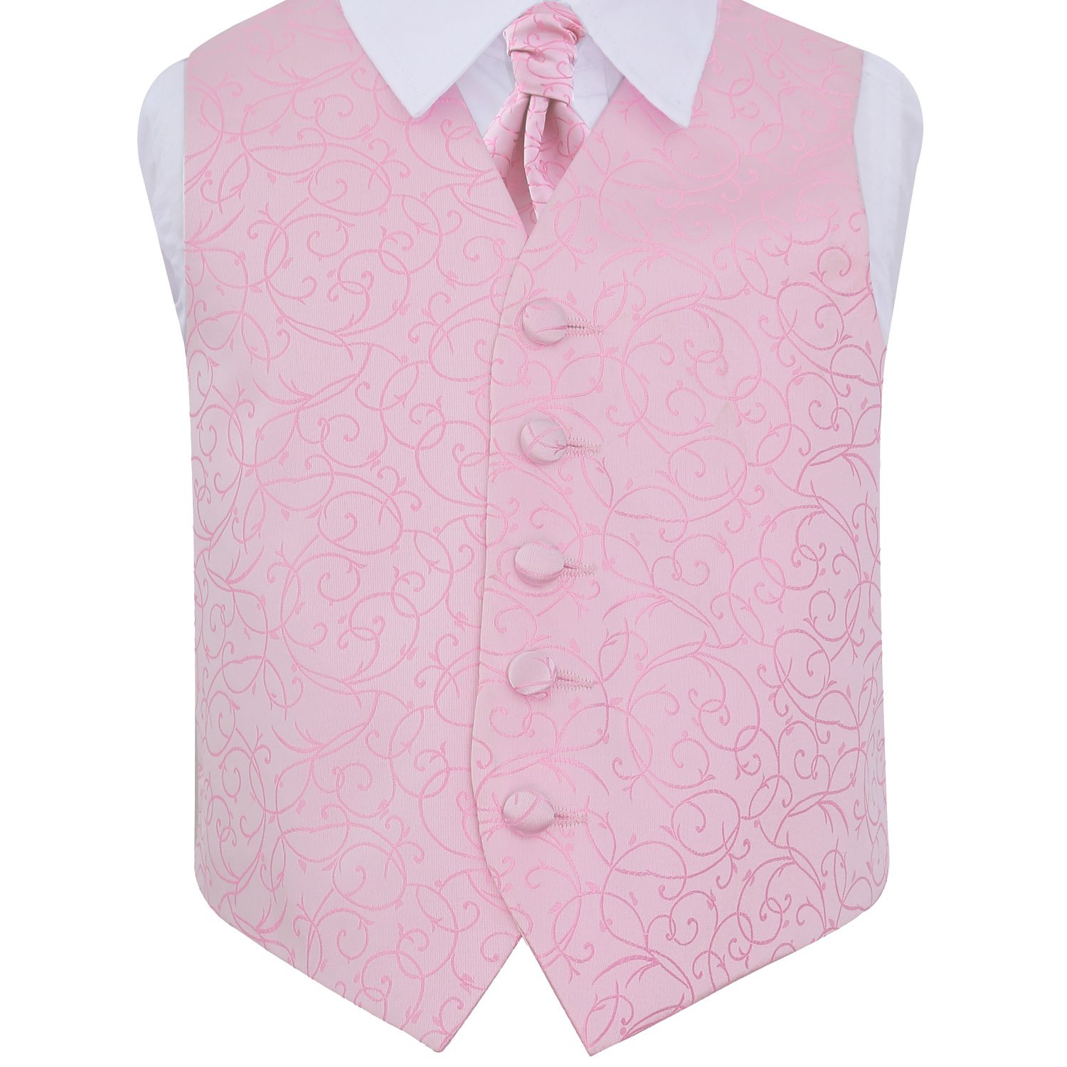 DQT Boys’ Swirl Floral Jacquard Wedding Waistcoat & Cravat Set for Page Boy and Formal Suit - Baby Pink 13-14 Years 34"