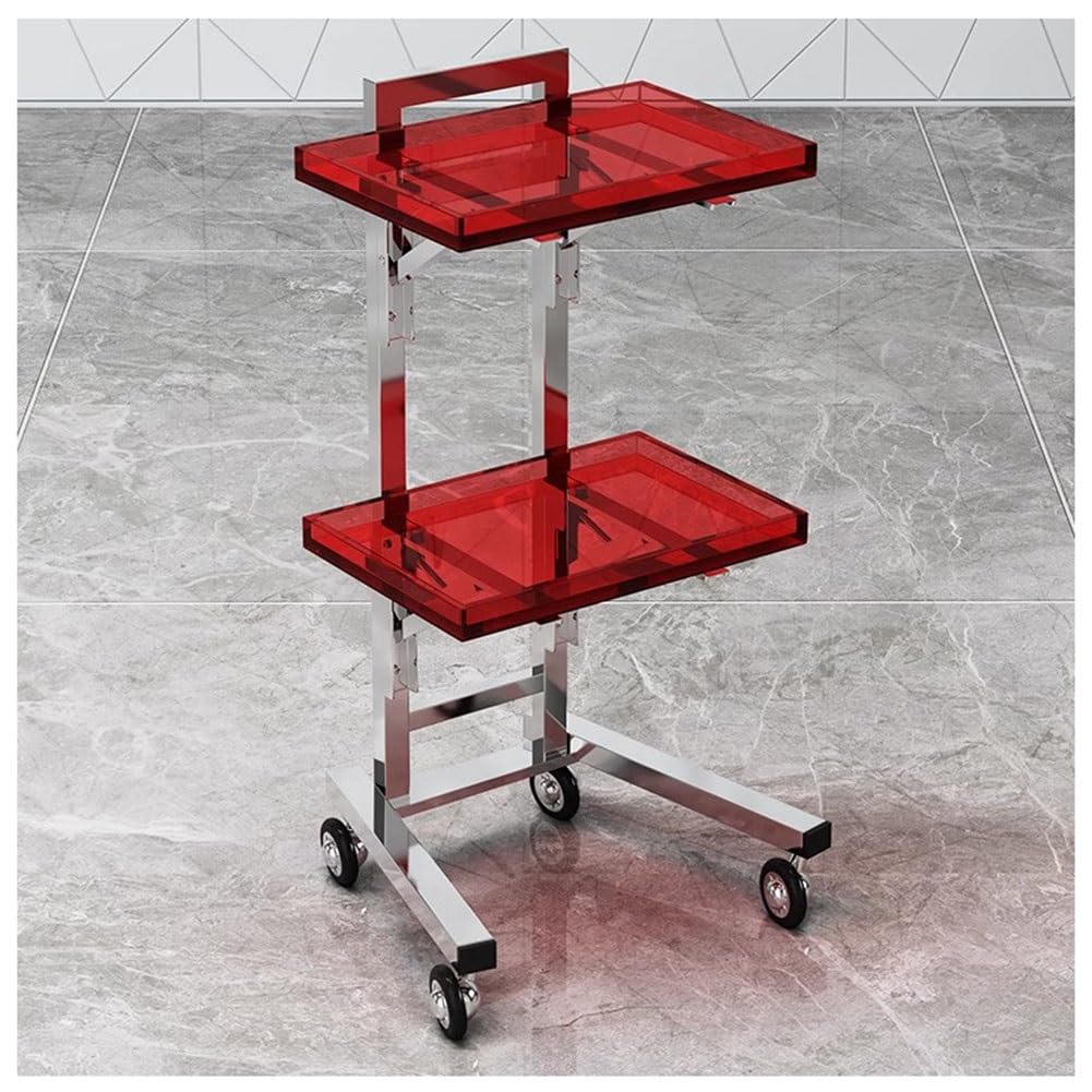 Professioneller, Faltbarer Salon-Tablettwagen aus Edelstahl mit Rollen, 2-stöckiger Rollwagen für Tätowierer, transparente Ablage, tragbar und praktisch,Rosso-40x30x86cm